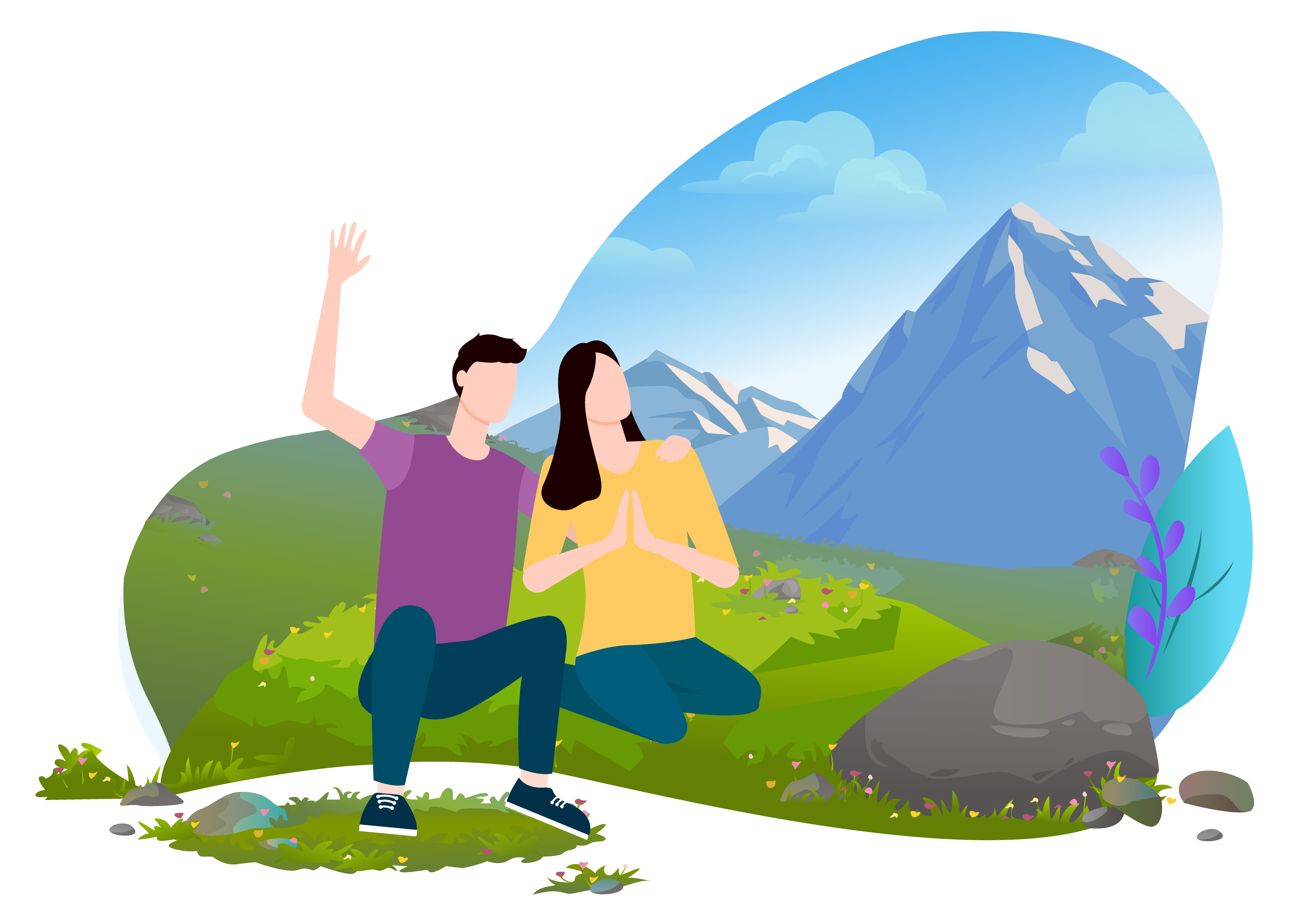Happy couple sitting on grassy hill with mountains on background. Man waving hand . Woman enjoying beauty of nature and meditating view vector illustration. Man and Woman Sitting on Hill Mountains Vector
