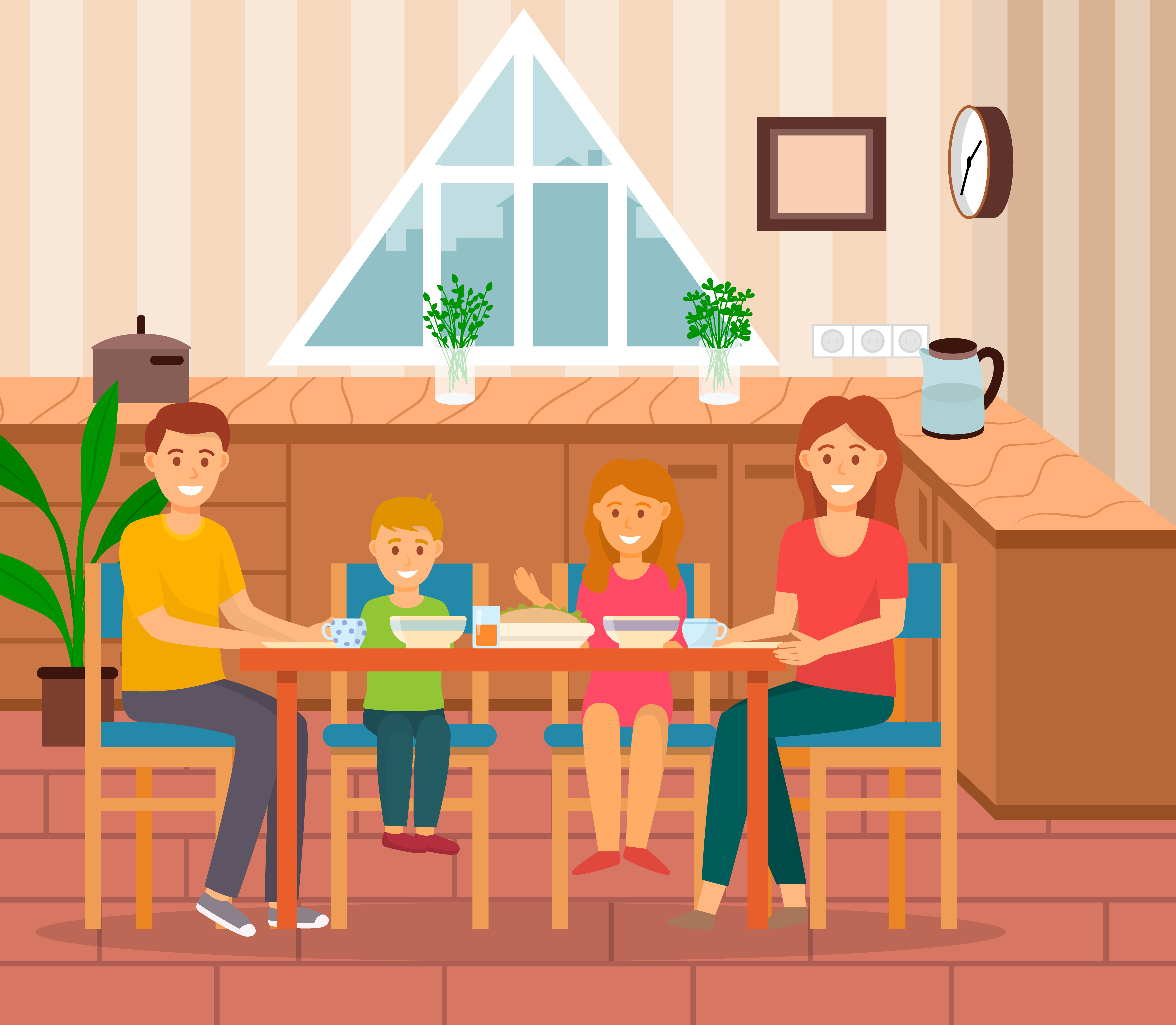 Family of mother and father with children eating at kitchen or dining room. Family gathered on holidays having dinner or breakfast together. Mom and dad with kids in house, apartment interior vector. Family Eating Home, Mom and Dad with Kids Vector