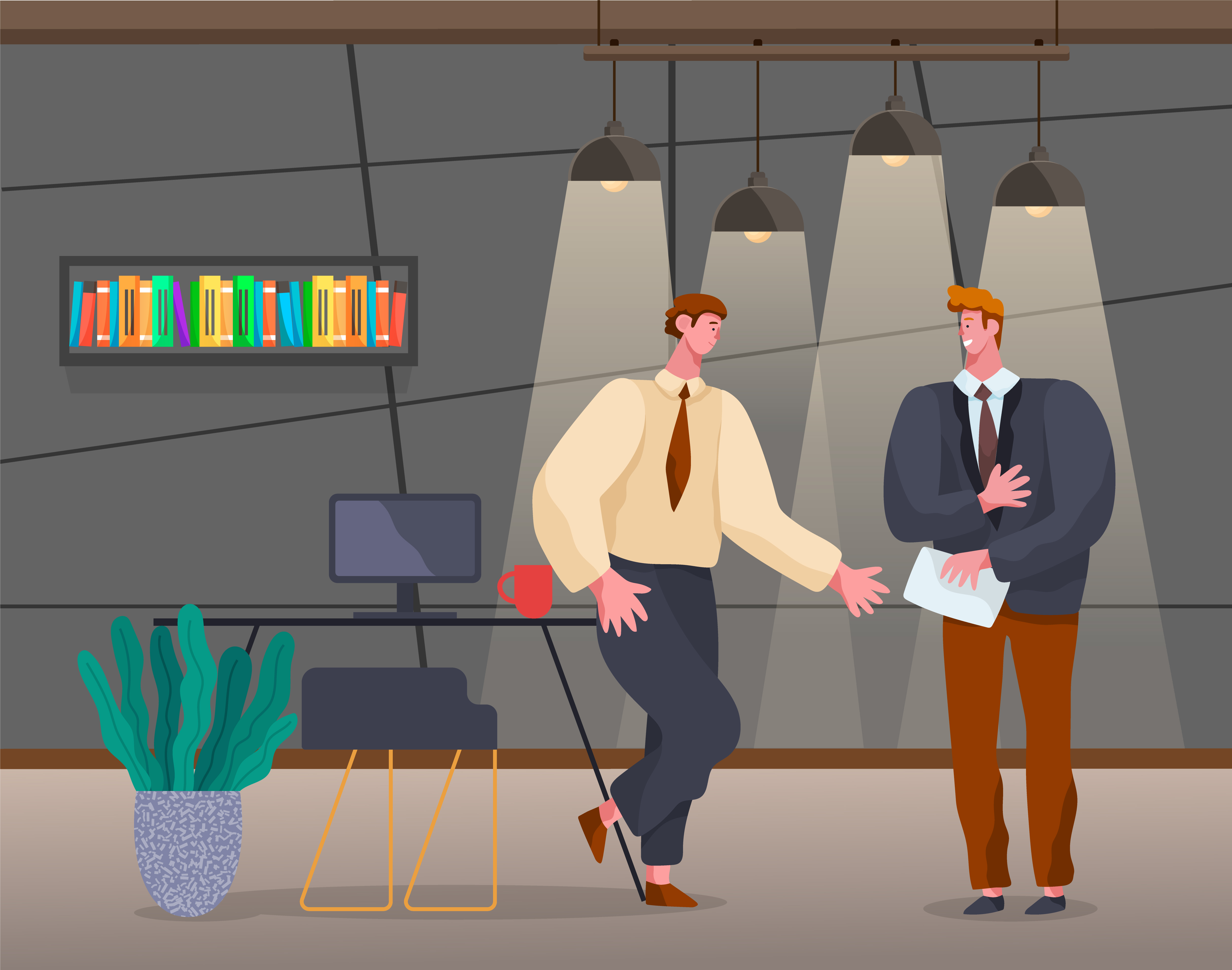 Partners or colleagues talking on business projects ideas. Office workers with papers discussing ways of increasing company profits. Personages on meeting. Chatting males. Vector in flat style. Conversation Between Partners Colleagues in Office