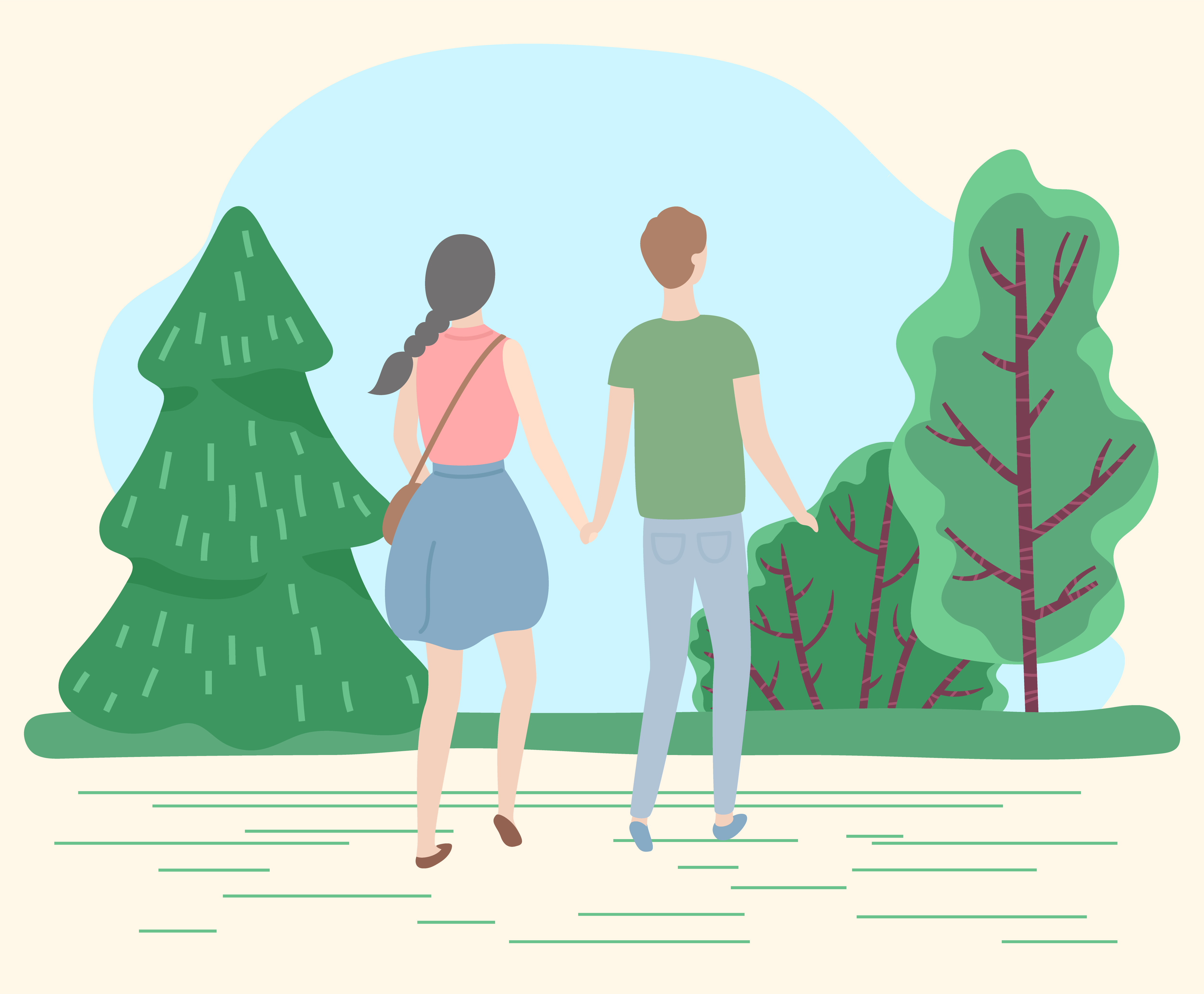 Happy couple on romantic date in park or forest. Man and woman hold each other hands. Summer warm weather, beautiful landscape. Trees with green krone in lawn. Vector illustration in flat style. Couple on Date in Park, Man and Woman Walking