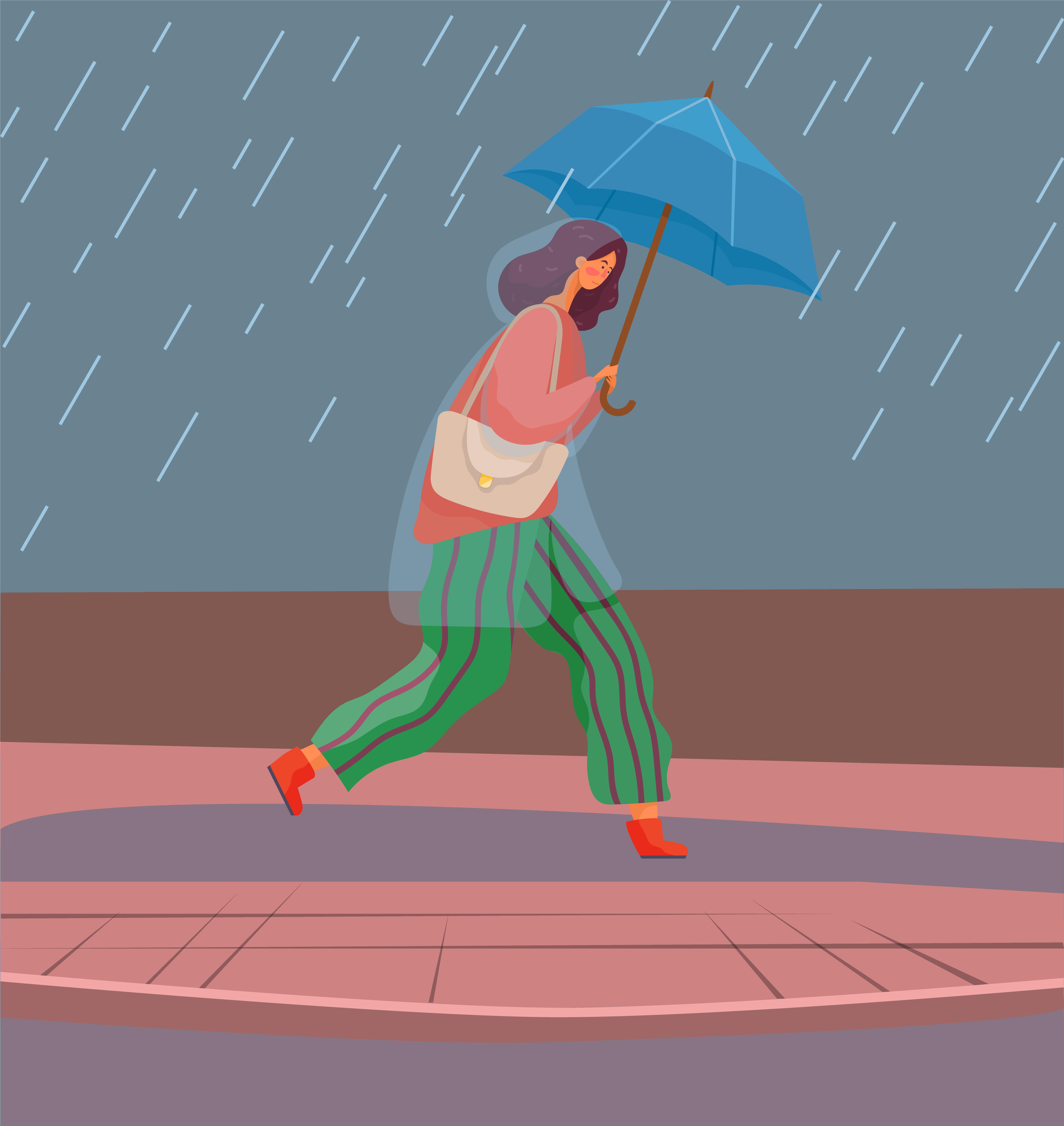 Woman with umbrella under autumn rain walking on puddles vector. Rainfall and fall weather, girl in raincoat with parasol, seasonal forecast changes. Person and outdoor activity illustration. Girl in Rain with Umbrella, Autumn Rainy Weather