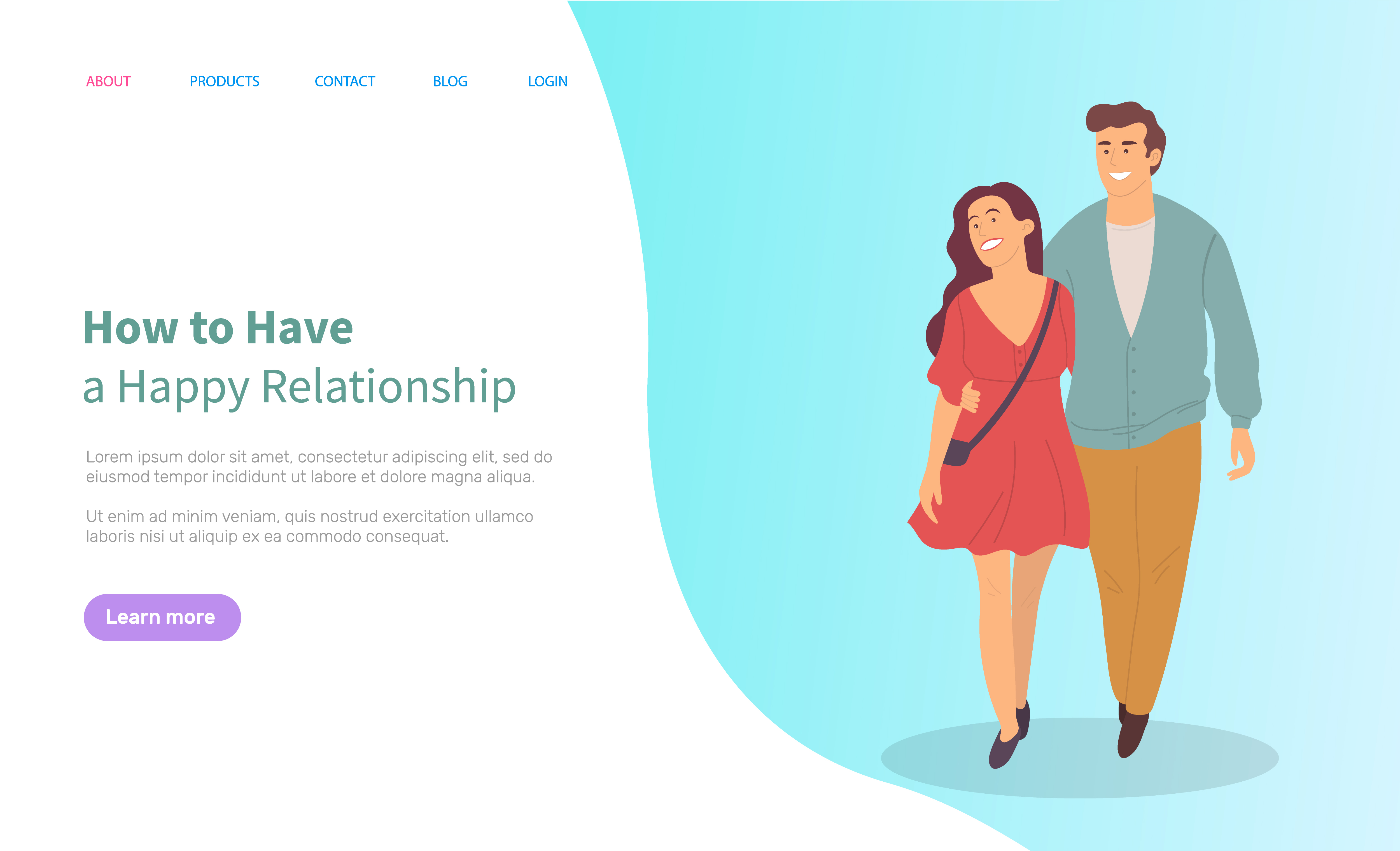 How to have happy relationships, young people walk in pairs smiling cartoon characters. Vector woman and handsome guy in blue jacket. Website or webpage template, landing page flat style. Young People Walk in Pairs Isolated Characters