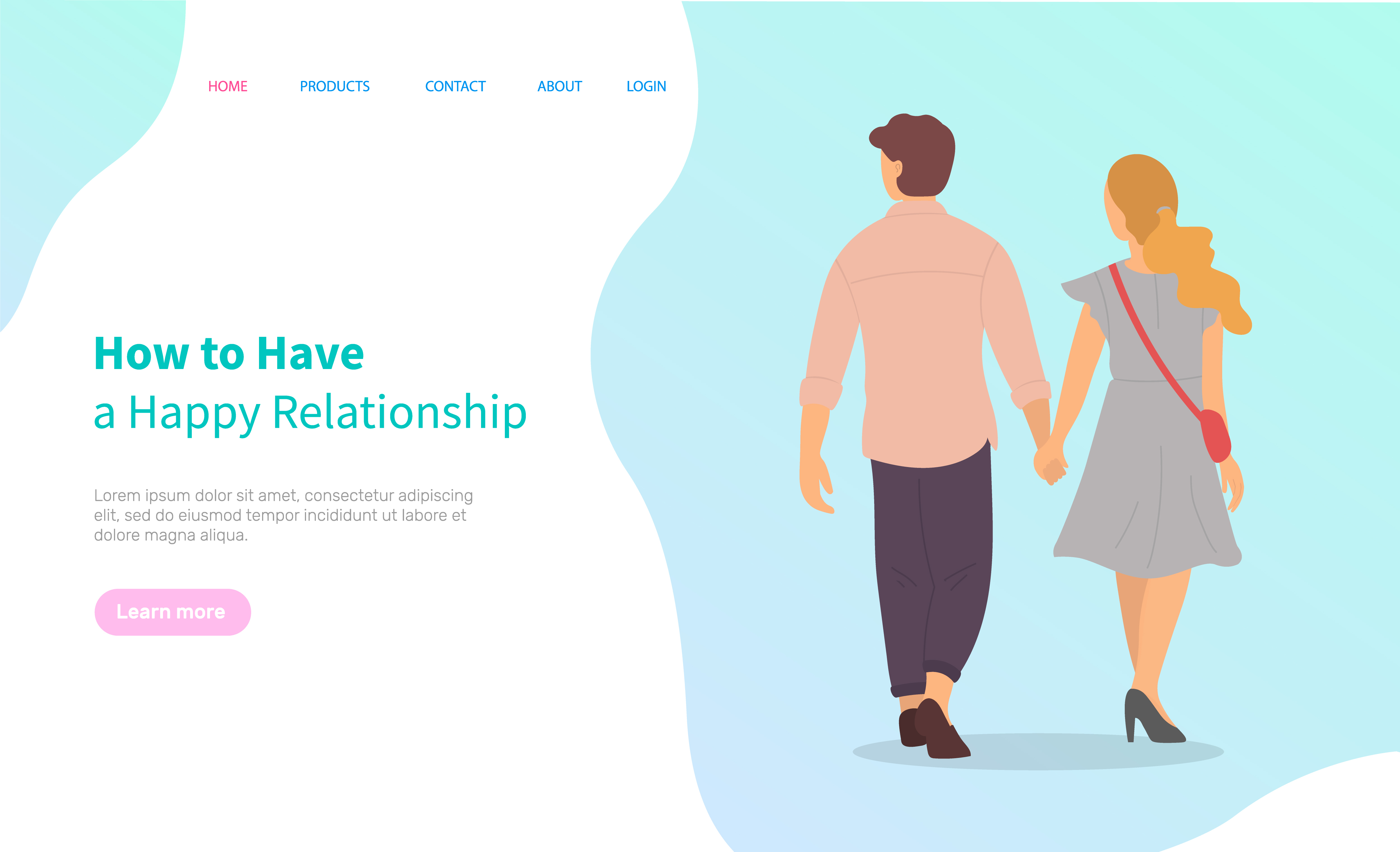 How to have happy relationships, people walking holding hands, back view. Vector man and woman spending time together. Cartoon lady and guy. Website or webpage template, landing page flat style. Happy People Walk Holding Hands, Back View. Vector