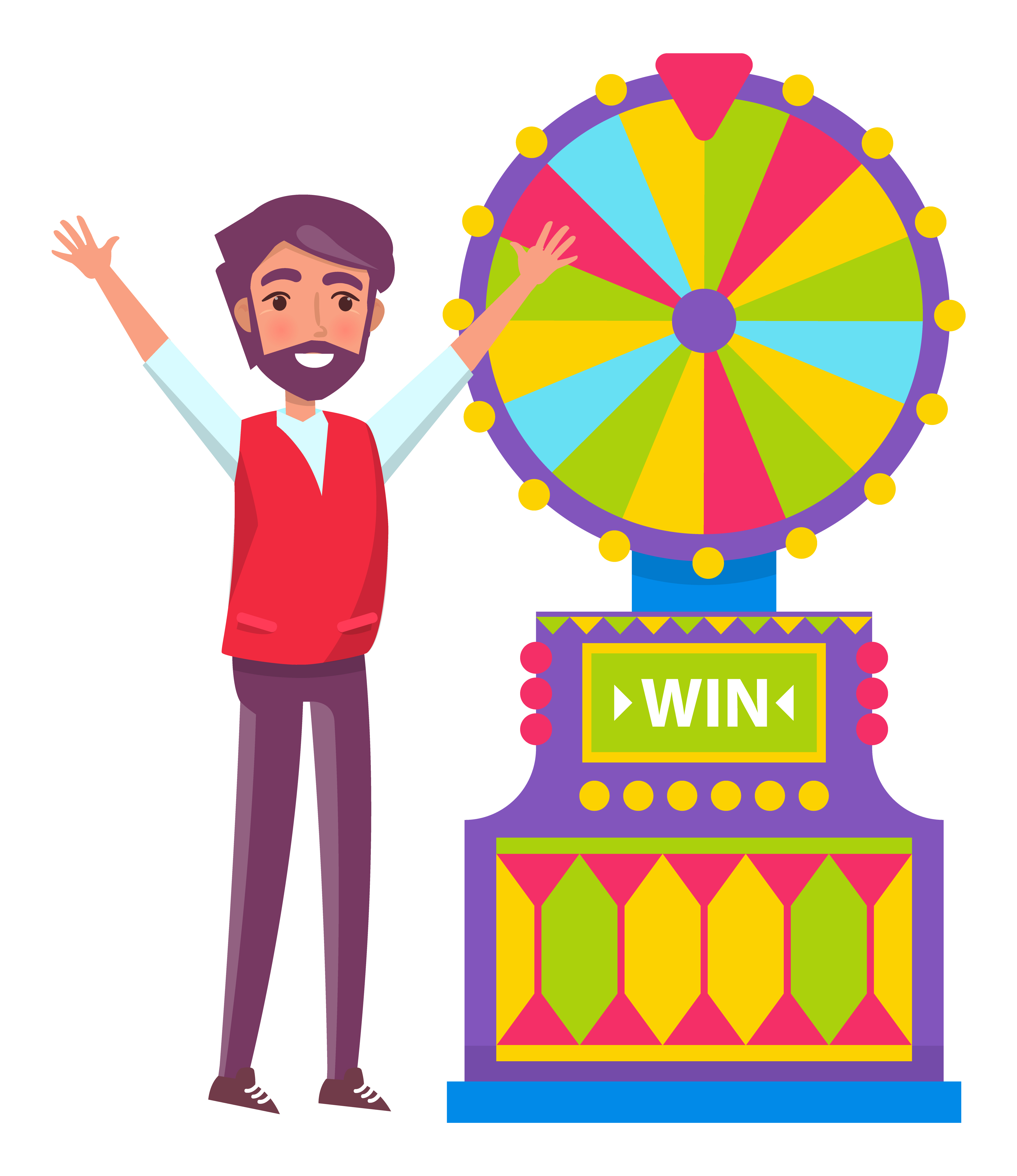 Playing games in casino vector, man spinning fortune wheel isolated character. Bearded person raising hands up of success, slot machine with pointer. Man Spinning Fortune Wheel, Lucky Gambler Gambling