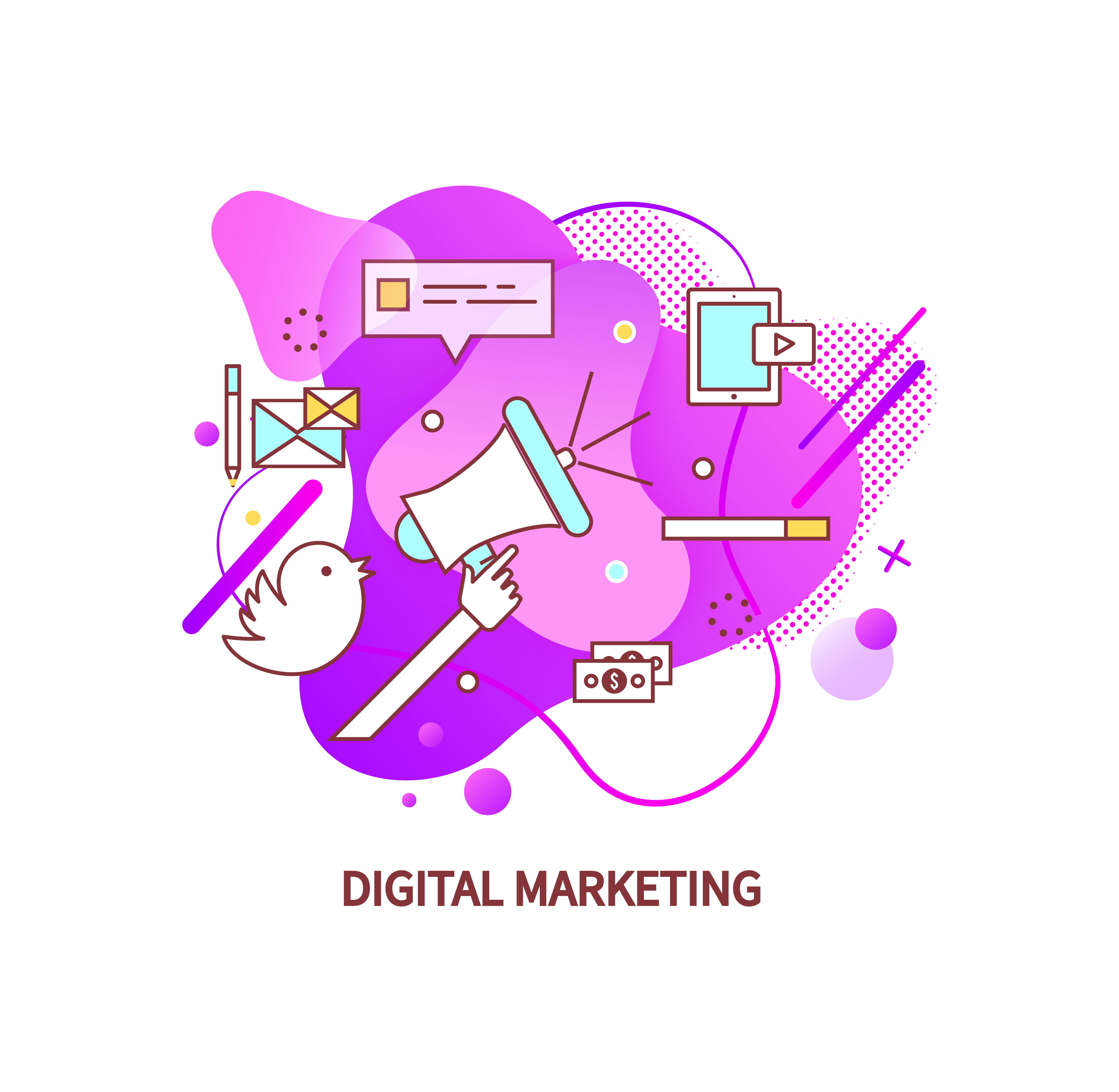 Digital management vector, tools for broadcasting in social networks, megaphone and smartphone, letter envelope for chatting and communication flat style. Digital Management, Broadcasting Megaphone Vector