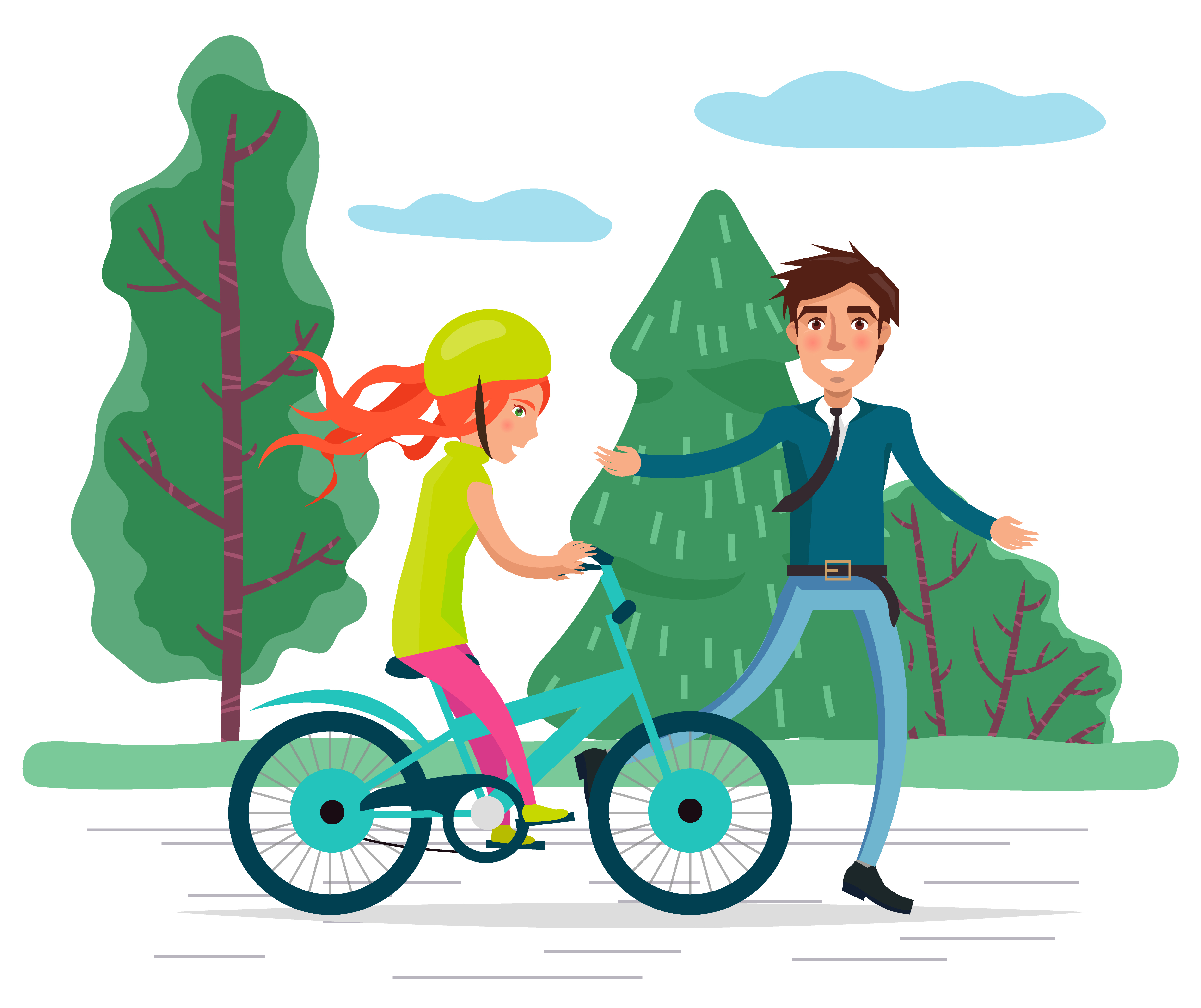 Smiling father teaching little daughter cycling in park. Activity of woman character wearing helmet riding bicycle with safety of dad. Adult and child learning driving together in green park vector. Family Activity Dad Teaching Girl Cycling Vector
