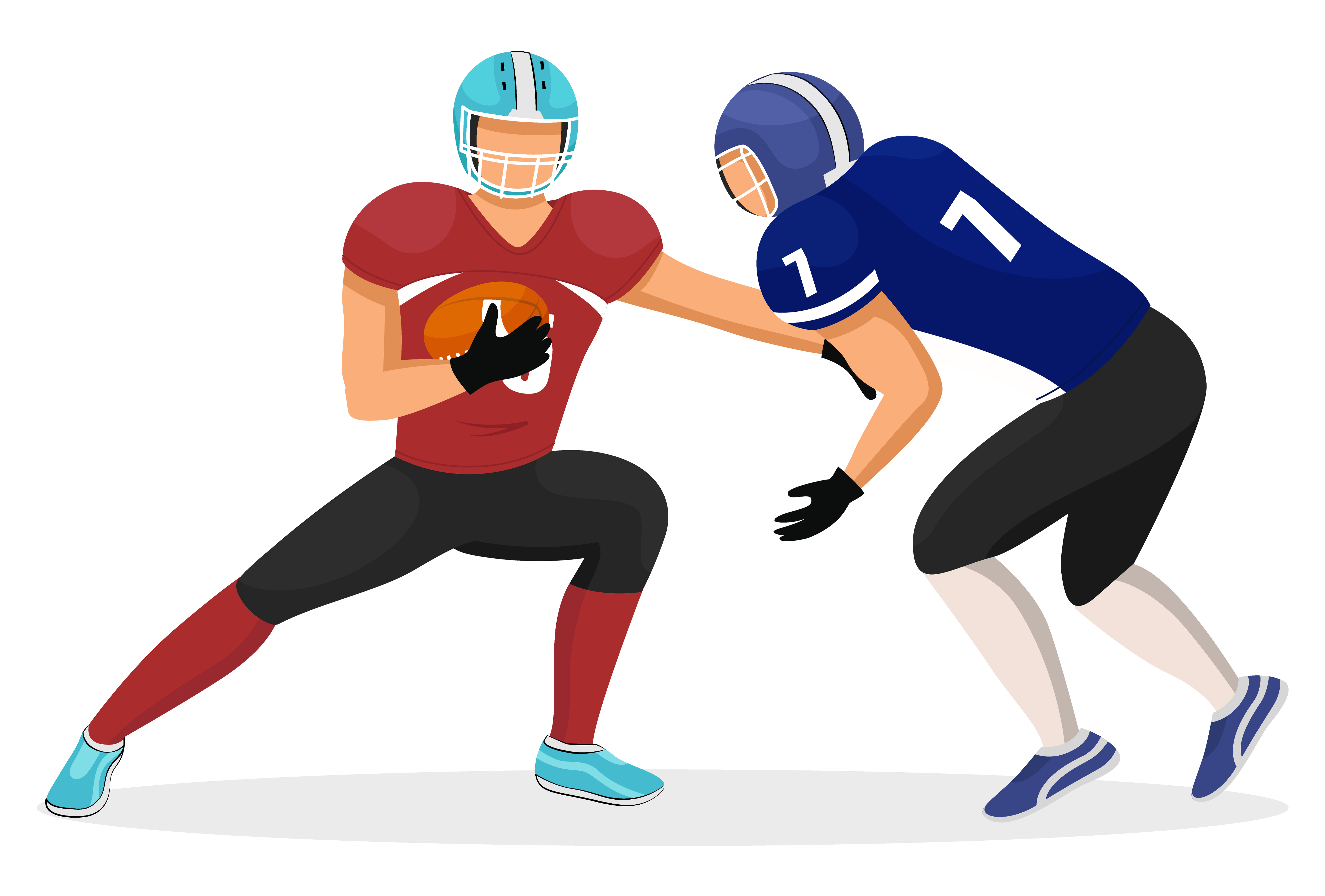 Two footballers from different teams playing in american football. Player attacks opponent, goalkeeper catch ball. Rivalry of competition, match on stadium. Vector illustration in flat style. Attack on Opponent, Men Play in American Football
