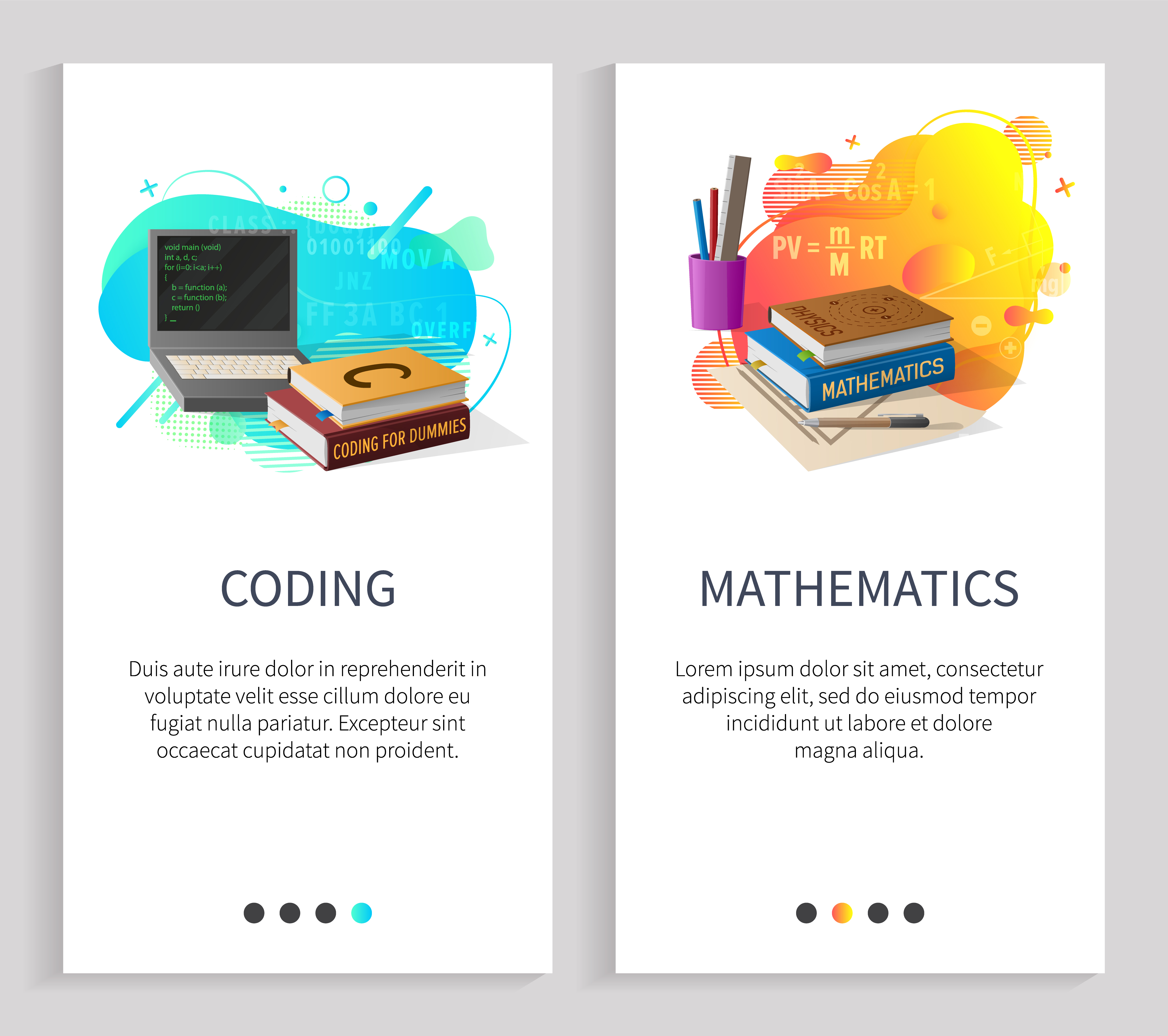 Mathematics and coding disciplines vector, school supplies with computer, books and pencils. Internet technology formulas and algorithms. Website or slider app, landing page flat style. Coding and Mathematics School Subjects Disciplines