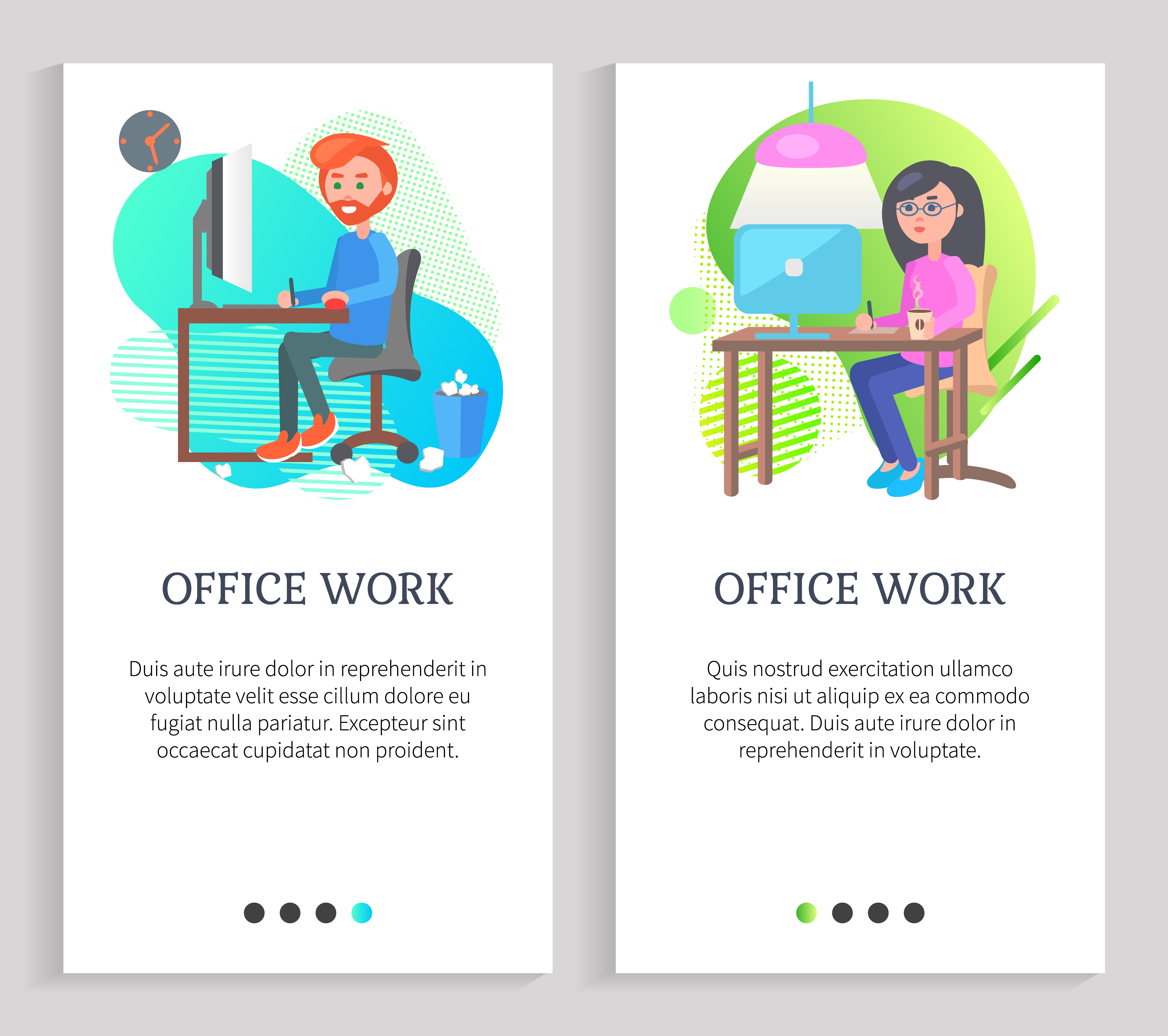 Office work, man and woman working with computer, employee character with laptop, worker on workplace with wireless device, technology vector. Website or slider app, landing page flat style. Employee Man and Woman Working with Laptop Vector