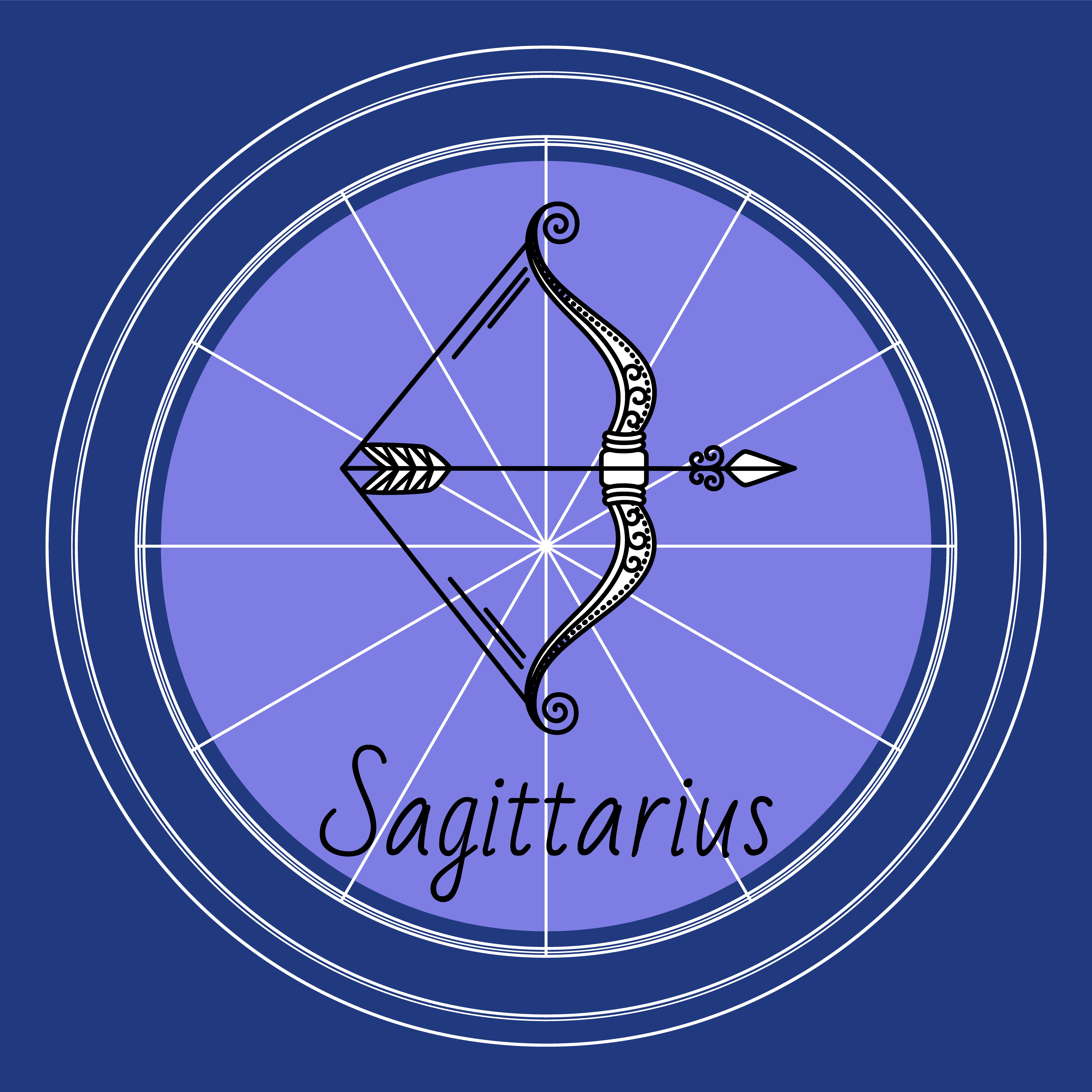 Sagittarius decorative design of mutable zodiac sign used for horoscopes and predictions. Isolated icon of ninth symbol of astrology. Element of archer with bow and arrow. Vector in flat style. Sagittarius Zodiac Sign of Horoscope, Astrology