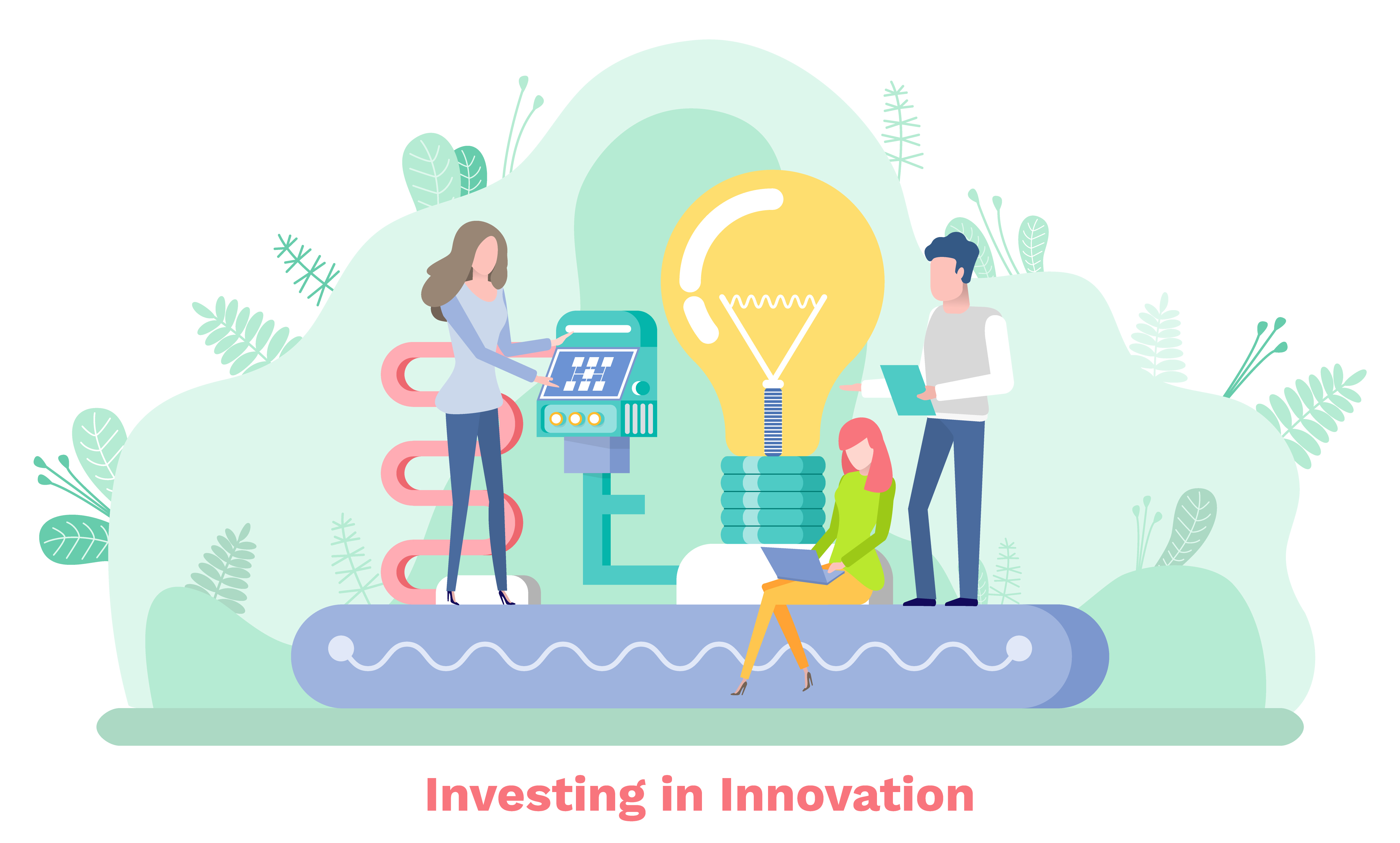 Investing in innovation, man and woman creative idea, modern technology. Light bulb and modern equipment, business development, company tech vector. Modern Technology, Business Innovation Vector