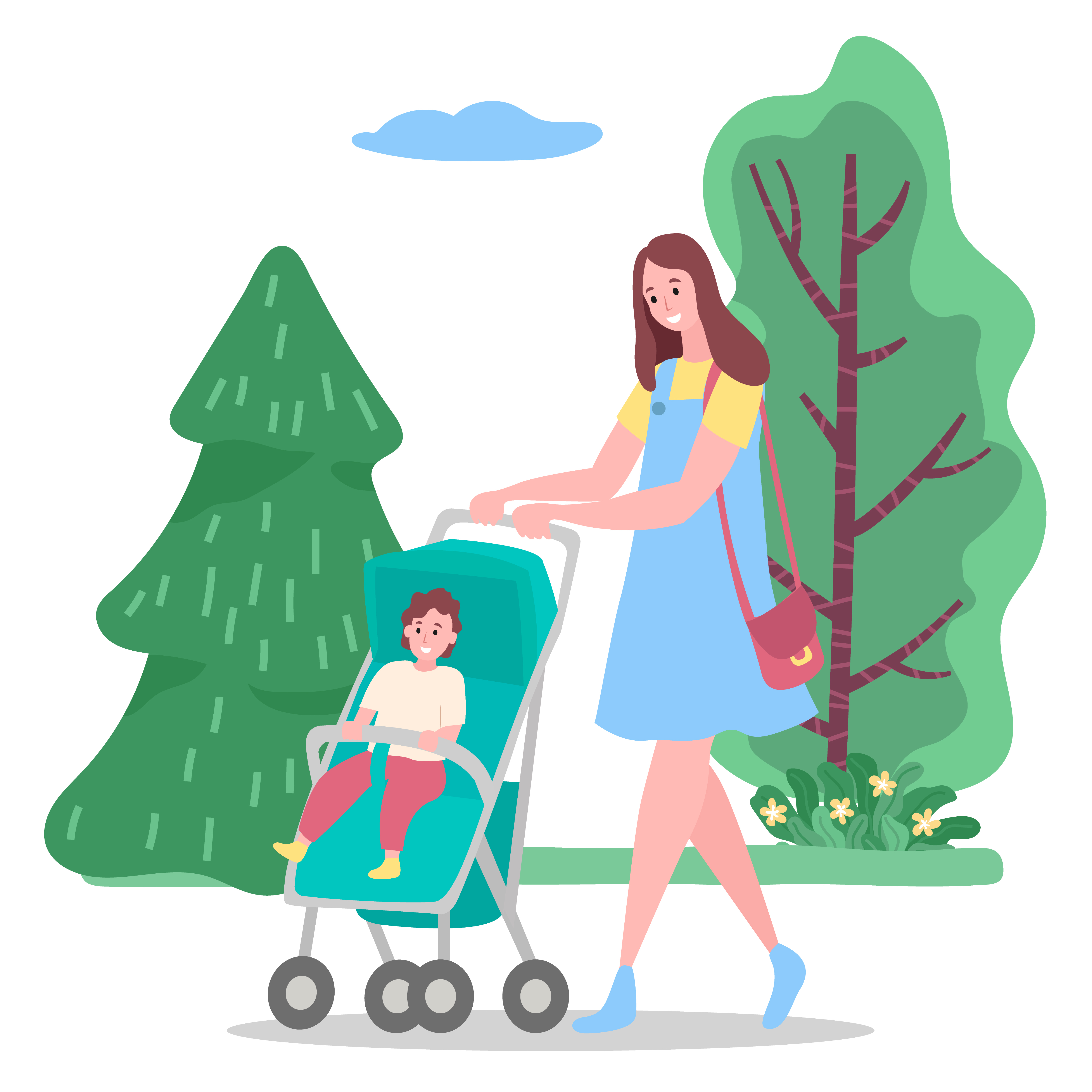 Happy woman in casual clothes walking with child in carriage. Smiling mother holding buggy with toddler and going near green trees in park. Family leisure in summer of parent and baby outdoor vector. Family Leisure of Mom Walking with Baby Vector