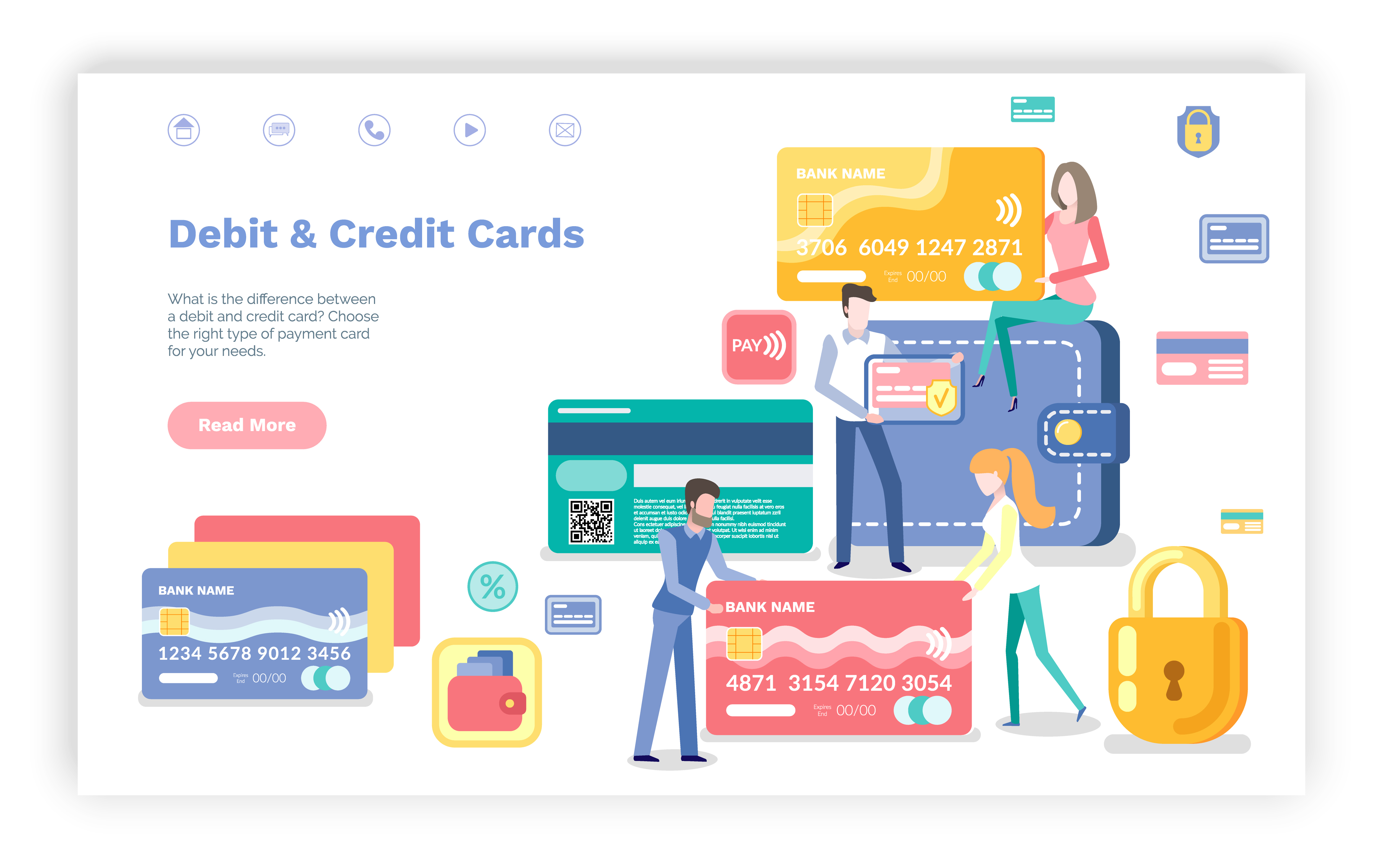 Debit and credit card vector, man and woman with plastic object used to pay for services. People with banking system, secure lock for finances. Website or webpage template, landing page flat style. Debit and Credit Card People with Banking System