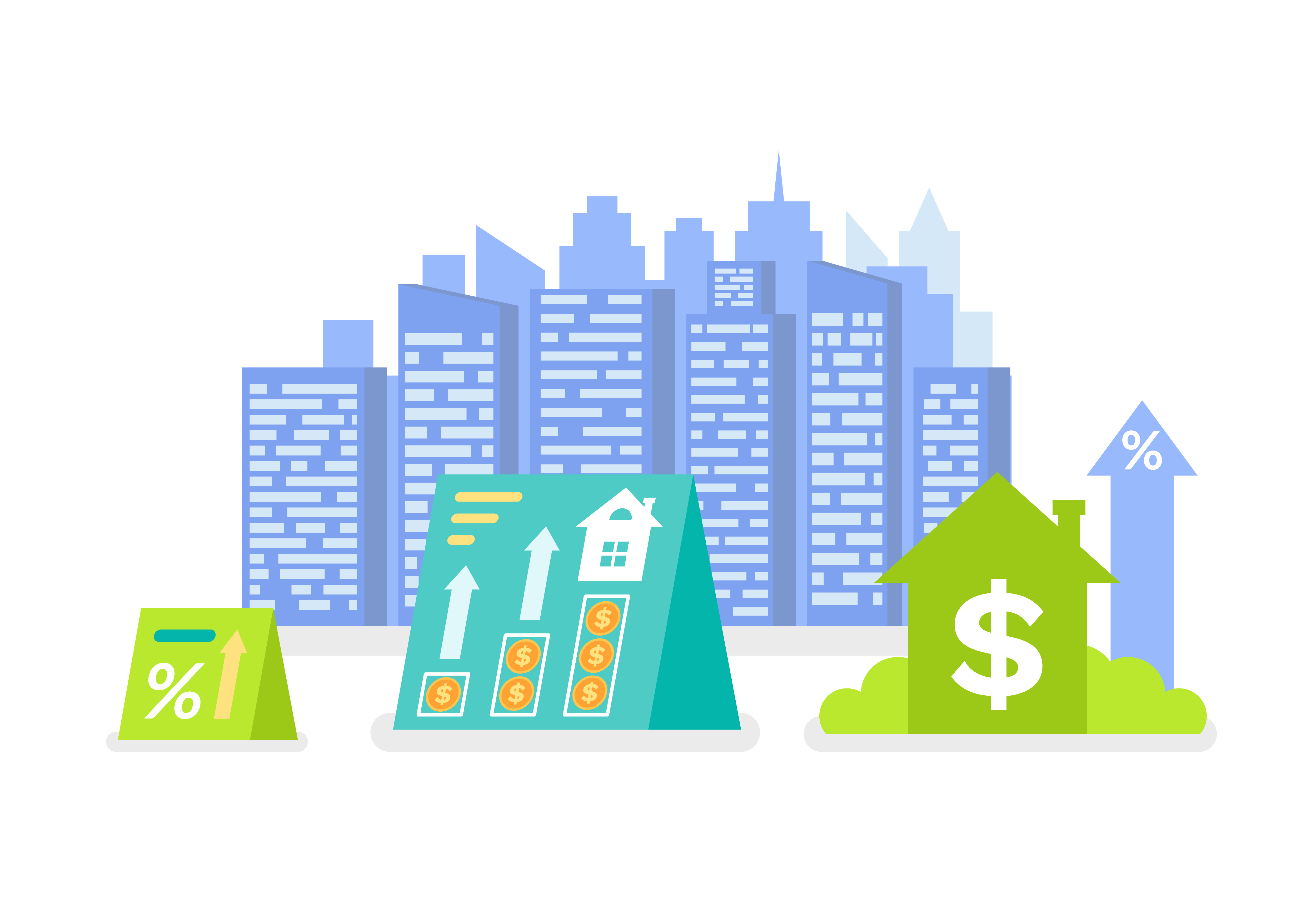 Modern city vector, dollar currency sign and arrow growing up, real estate industry profit and money making. Futuristic look of skyscrapers residential. Modern City Real Estate Building and Dollar Sign