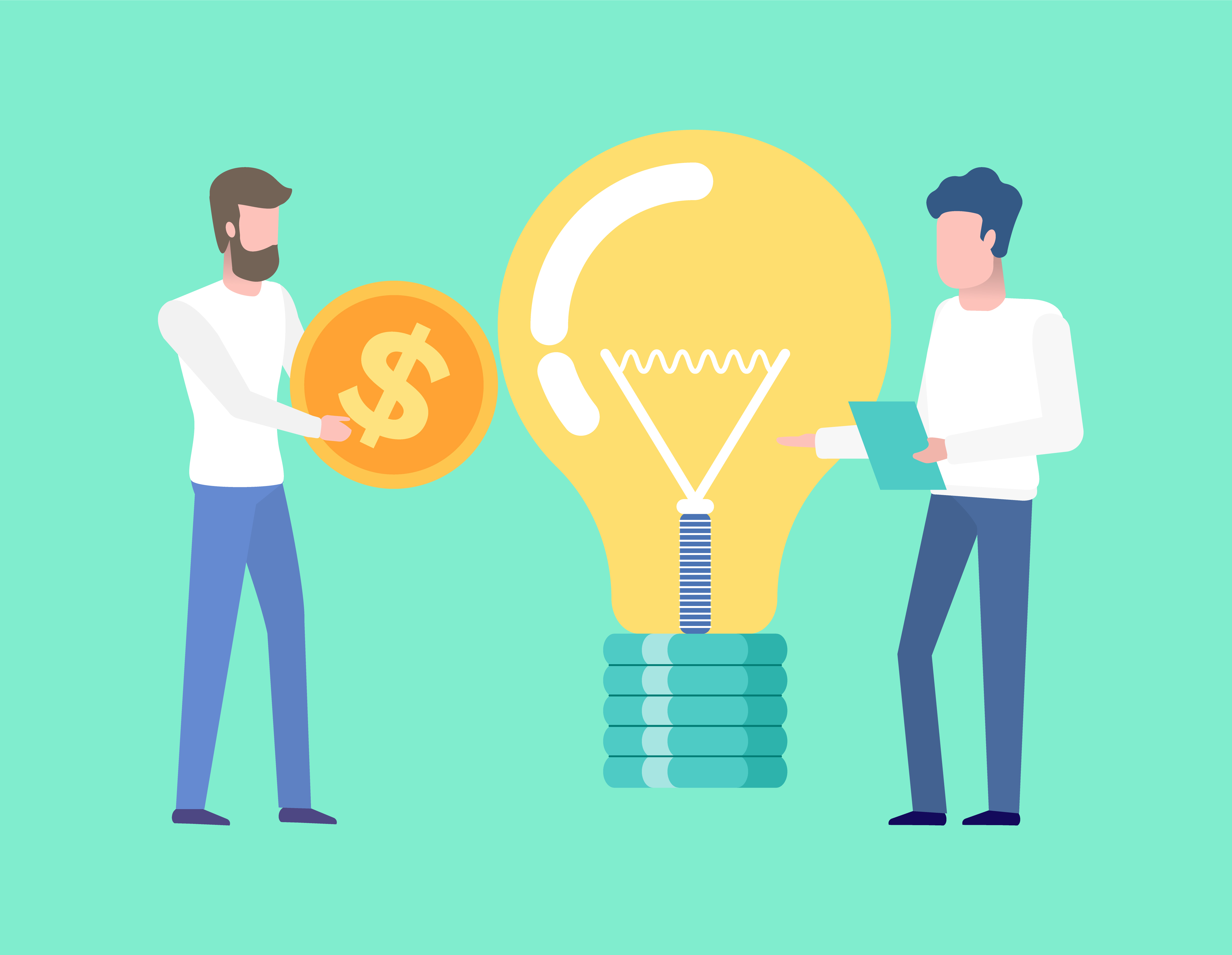 People working on project together vector, man holding gold coin with dollar sign isolated lightbulb. Idea solution of business project problems flat style. Business Idea and Solution, Businessmen Teamwork