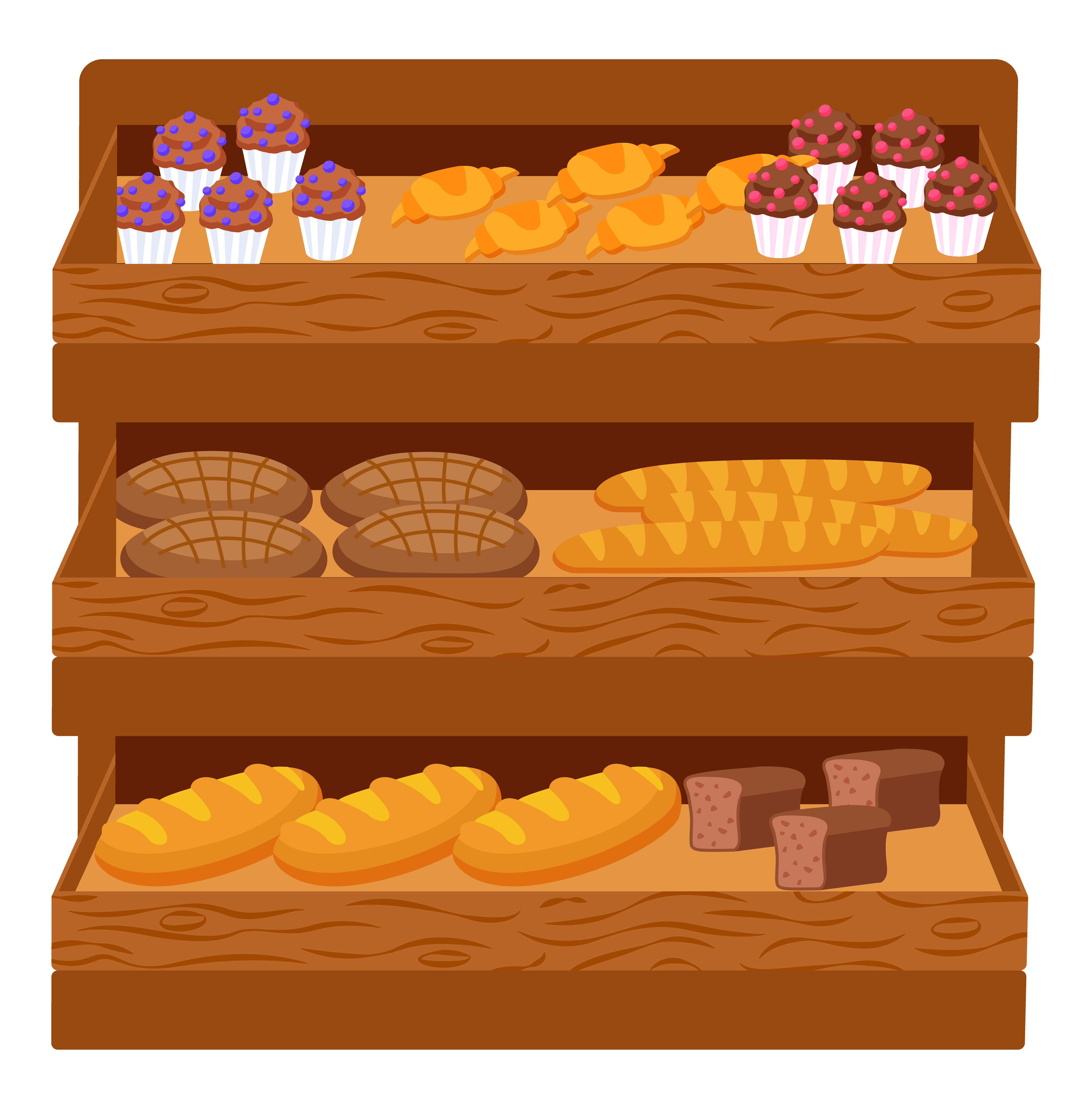 Bakery shop assortment on wooden shelf. Isolated display with products of store. Cakes and croissants, baguette and french buns set. Cupcakes with decorated top and loaf of bread vector in flat. Bakery Shop Assortment with Bread and Cakes Set