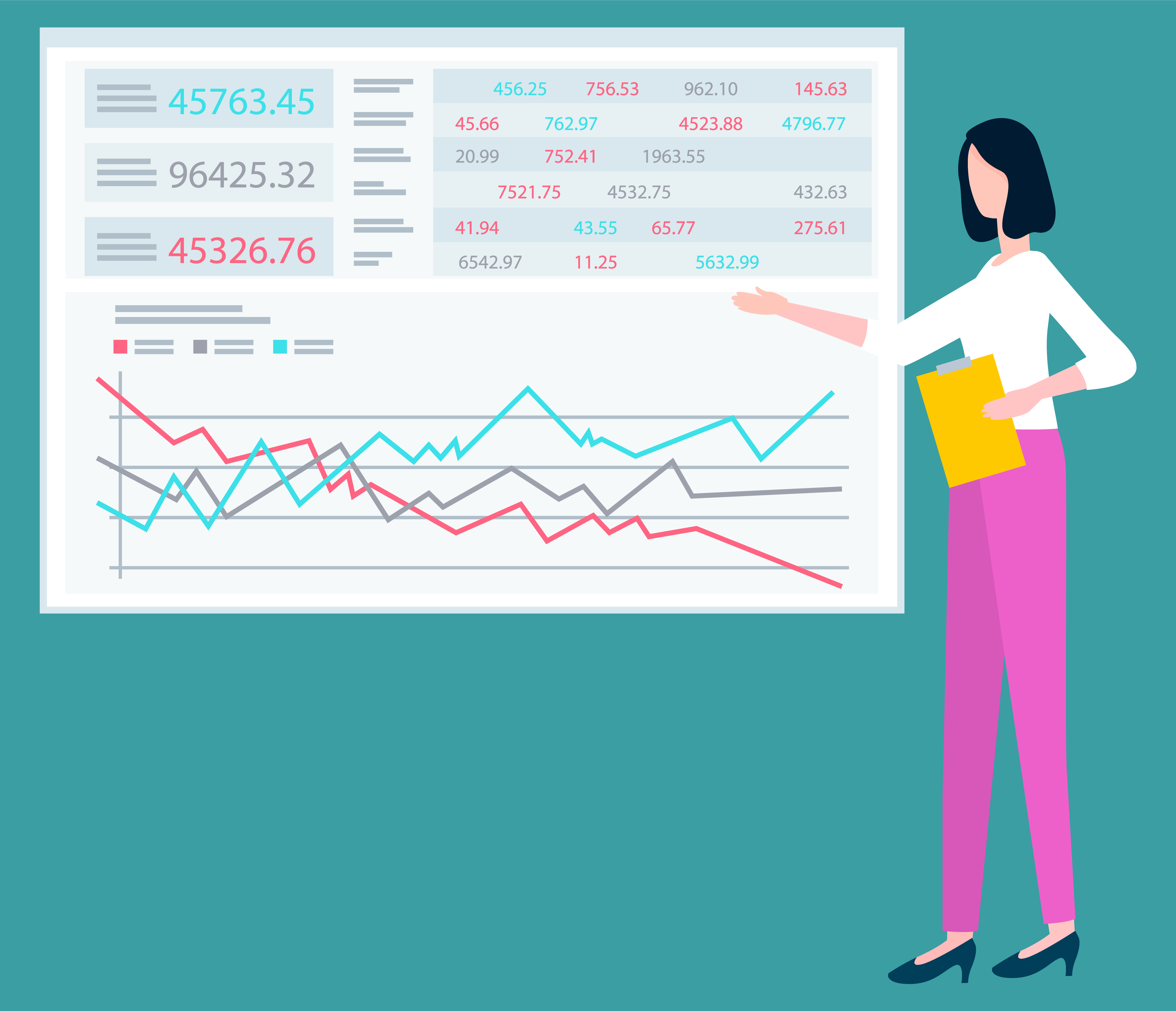 Woman worker showing statistic board, presenter character, finance report and graph. Employee representing company capital, business success vector. Broker Presenting Capital Report, Statistic Vector