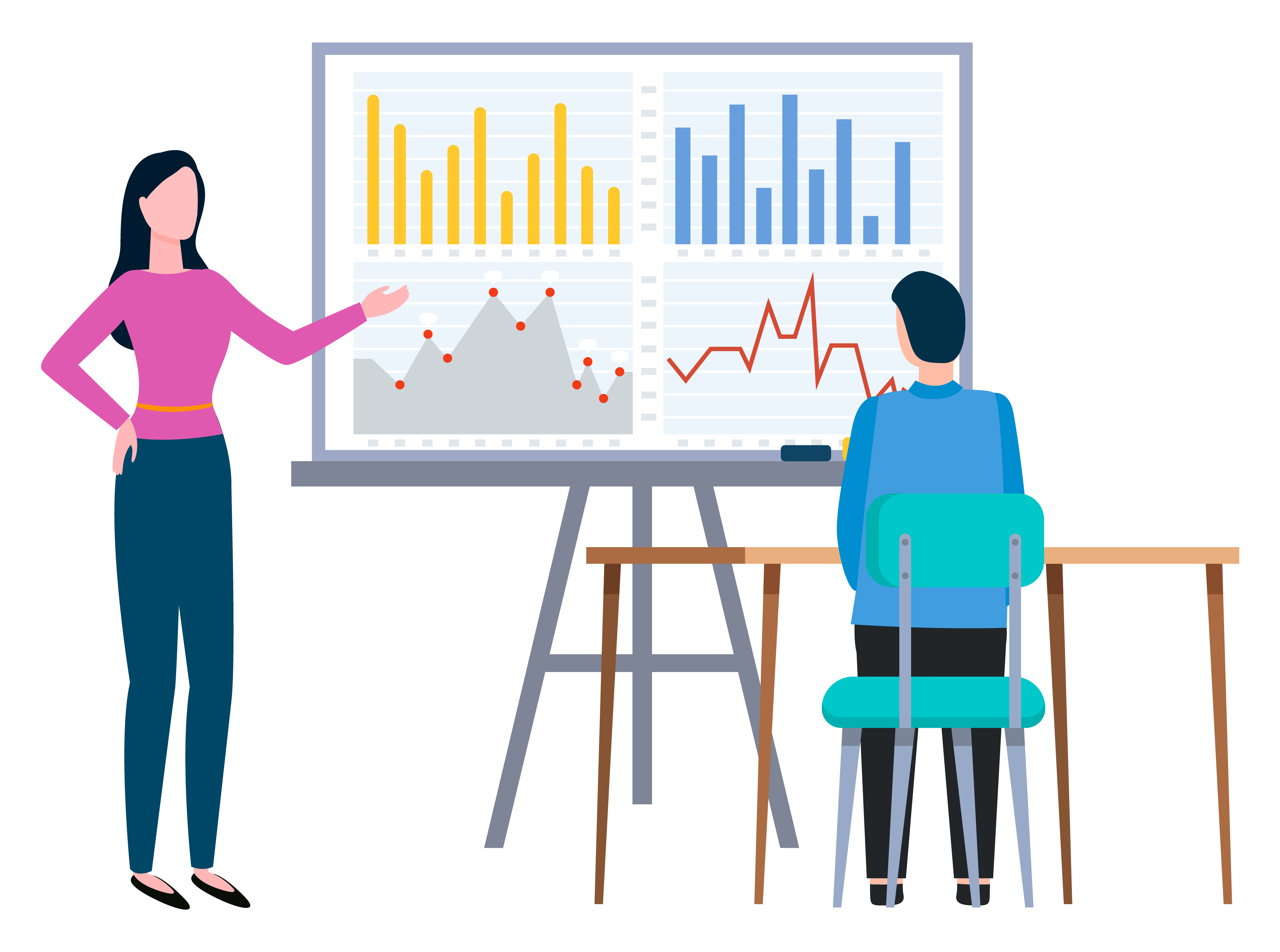Woman stand near information board and talking to guy. Man sitting by table and listening report. Office workers on appointment or meeting. People conversation. Vector illustration flat style. Woman Reporting About Business Statistics on Board