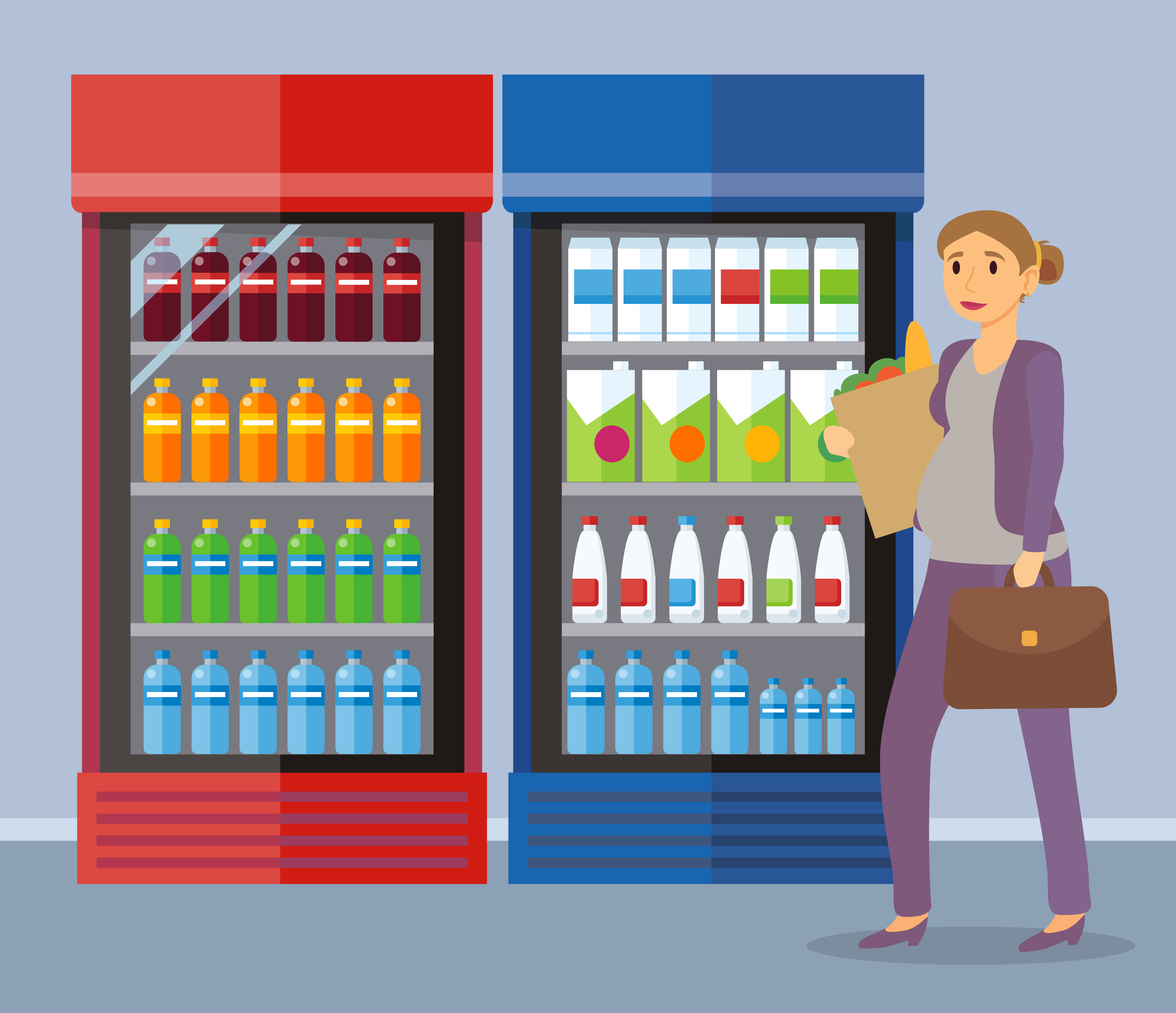Business woman character choosing products in supermarket. Female holding package and going near refrigerator or shelf with bottle and pack of drink. Person in casual clothes in grocery market vector. Female in Choosing Products in Supermarket Vector