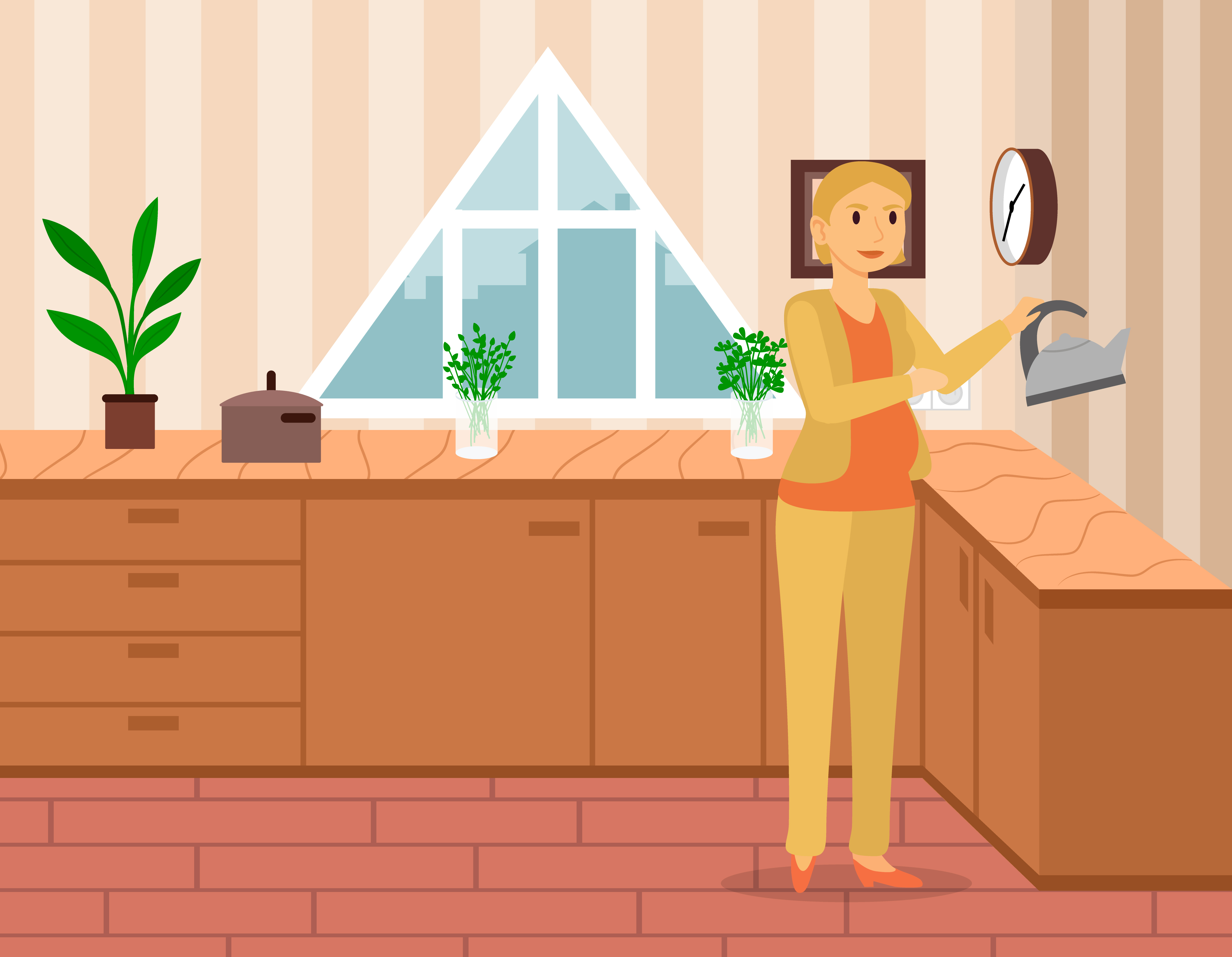 Pregnant female character at home. Expectant mother at kitchen doing chores. Future mom on maternity leave. Personage holding electric kettle. Interior of apartment with window, vector in flat. Pregnant Woman in Living Room, Mom at Kitchen