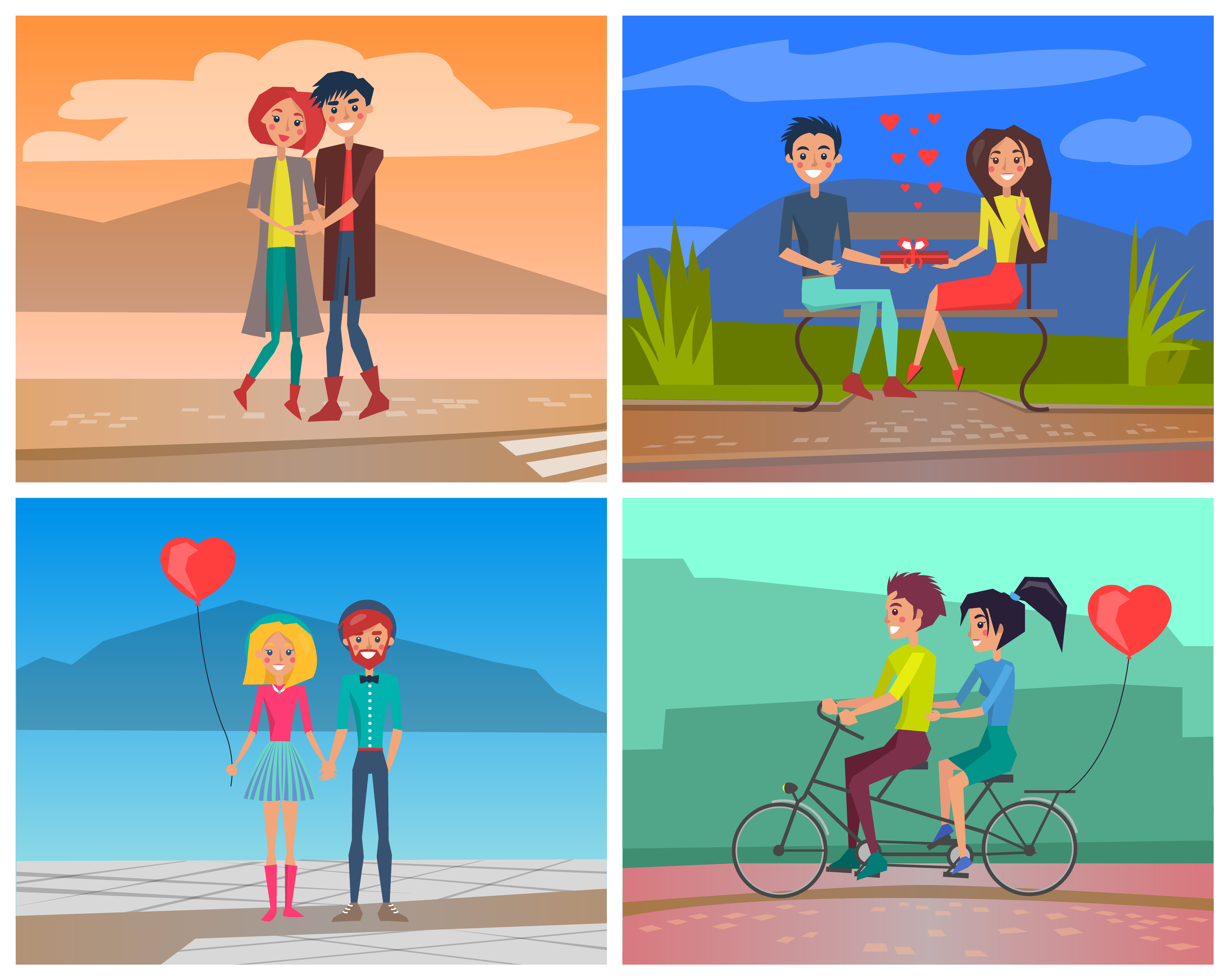 Romantic couple in love dating vector set. Lovers characters in relationships hugging, giving heart shaped present box, cycling on double bike together. Romantic Cute Couple in Love Dating Set Vector