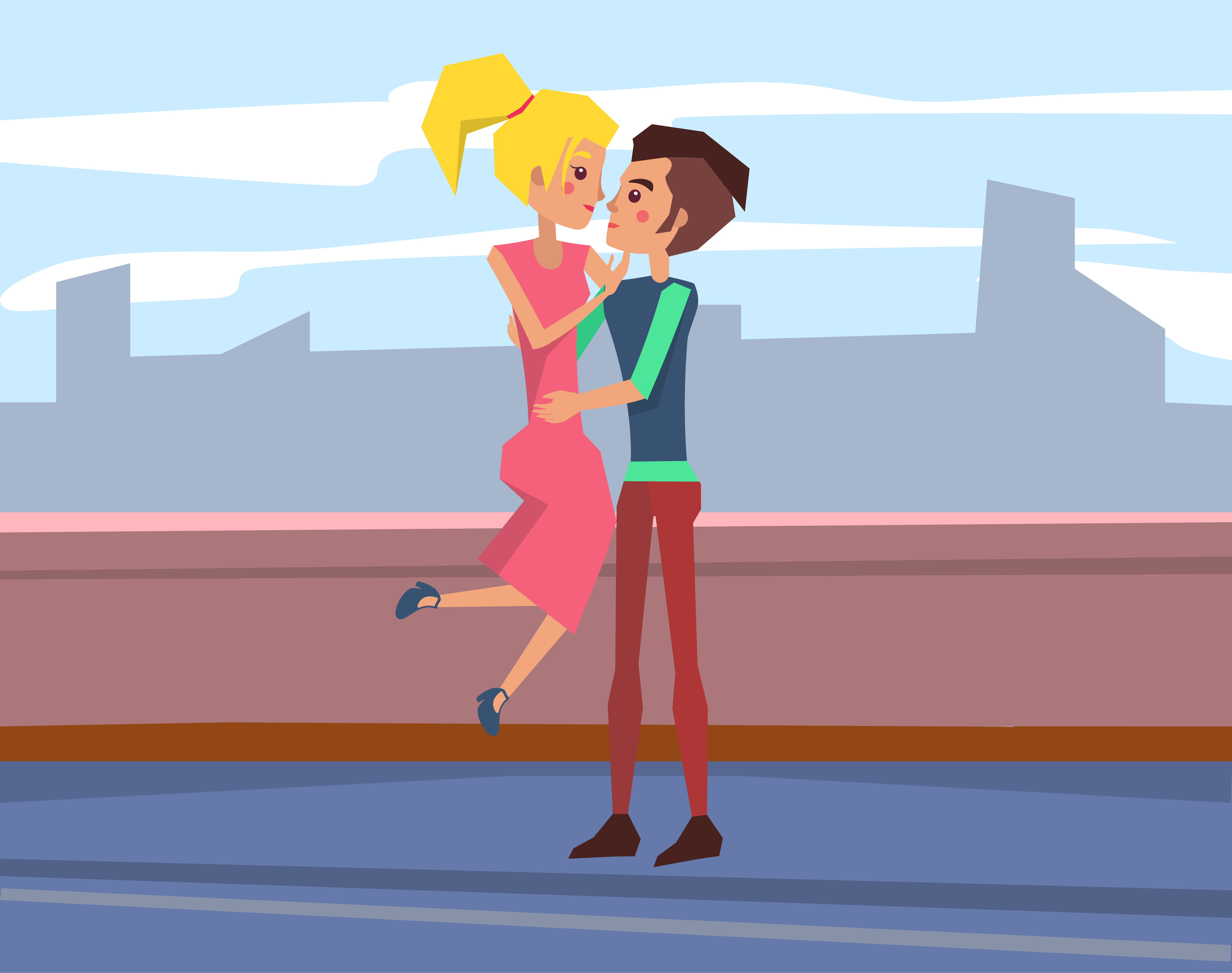 Romantic date on the roof. Loving couple sitting on parapet and hugging. Young people in love kissing. Tender relationships. Boyfriend and girlfriend cuddling. Romantic Date on Roof, Young People in Love Vector