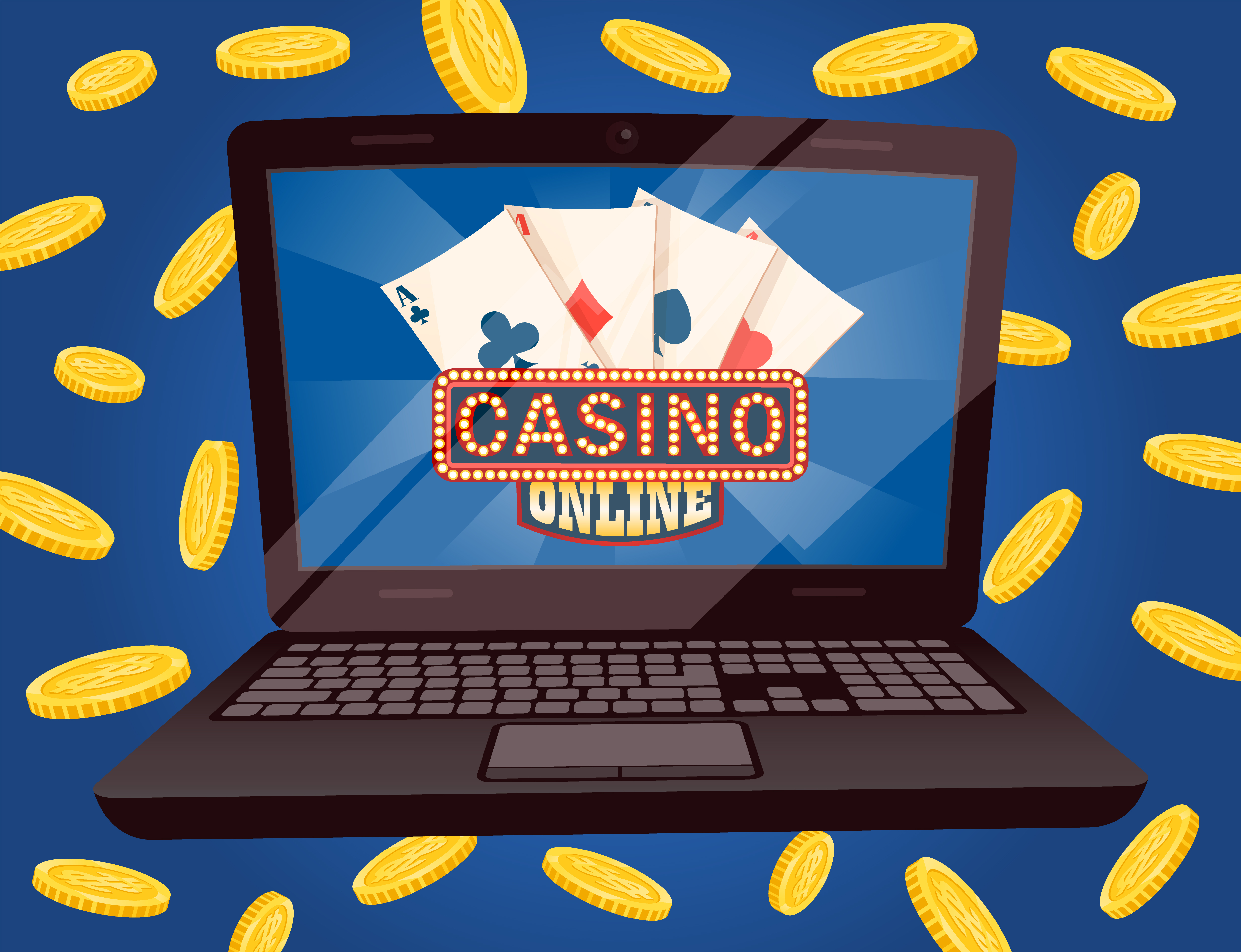 Monitor of computer with casino game online, playing cards sign. Computer with gambling app, coins on blue background, wireless device and poker vector. Casino Online, Monitor of Computer, Poker Vector