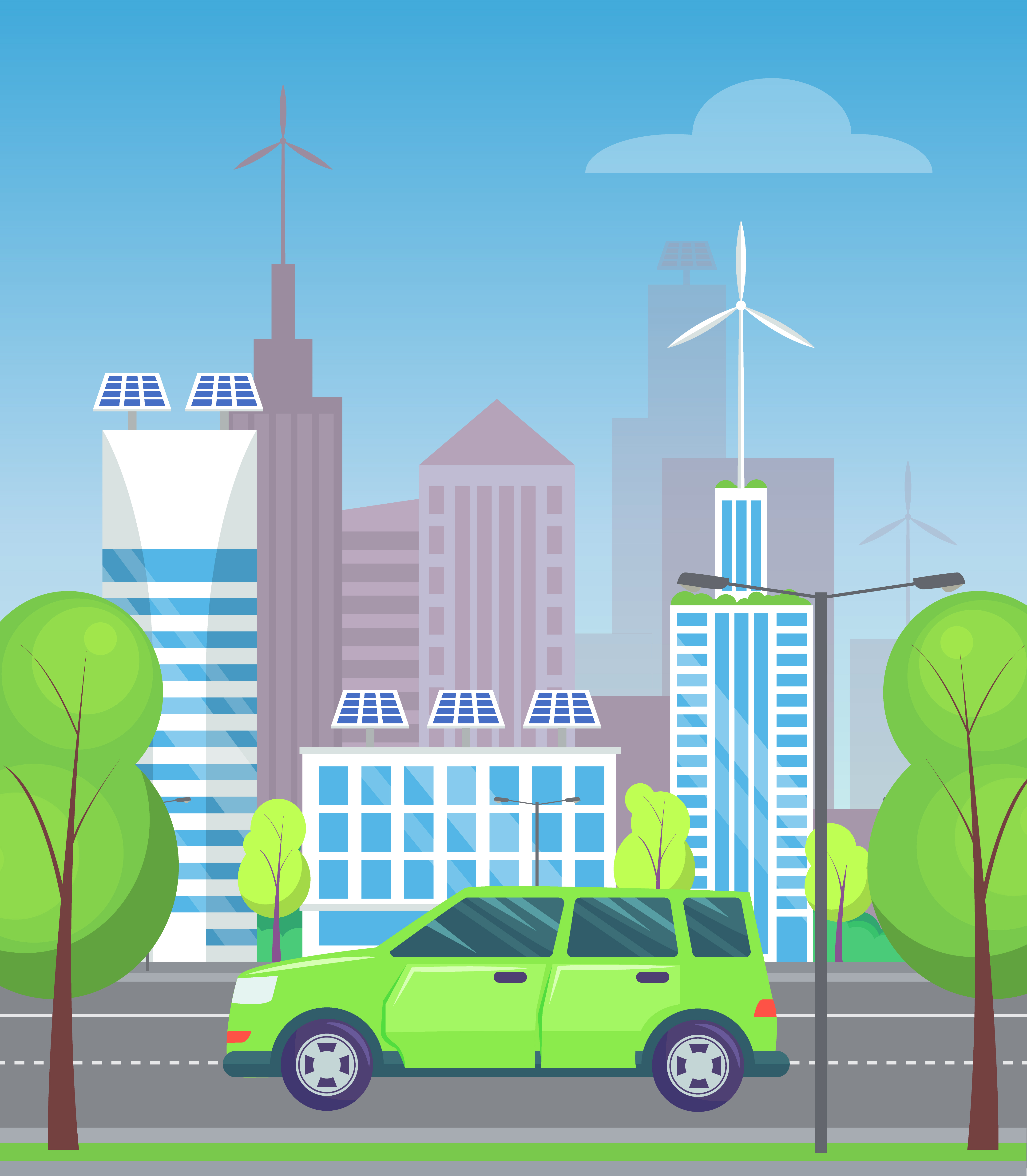 Green minivan or multi purpose vehicle rides on asphalted road in city. Green trees near highway, good weather. Cityscape with many buildings on background. Vector illustration in flat style. Minivan on City Highway, Cityscape and Trees