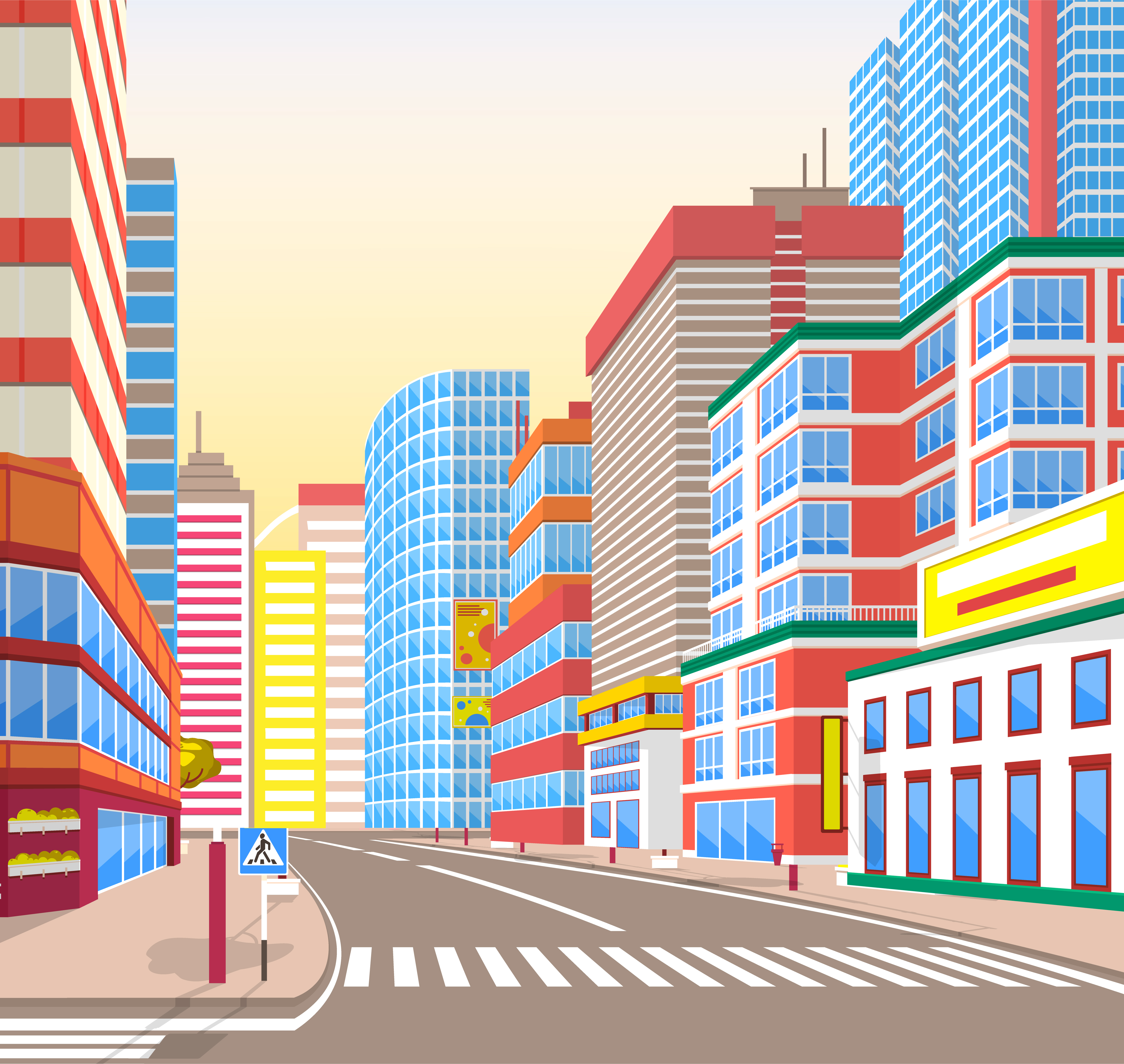 Empty street vector, corner view on cityscape. Metropolitan wide roads with signs and pedestrian crossings for people, exterior of houses and buildings on sity street. Cityscape Realistic Look of City, Town Street