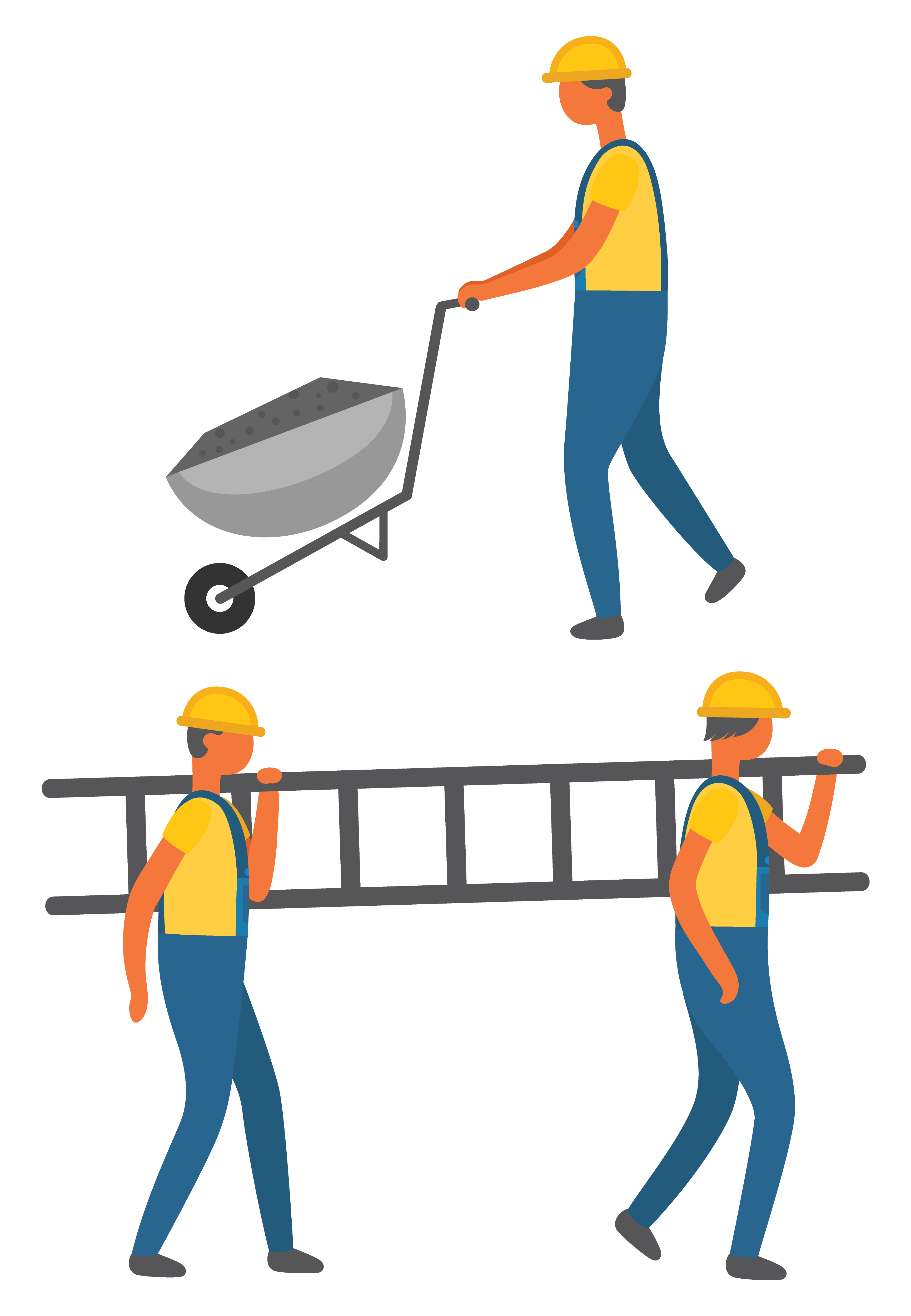 People working in team vector, workers with ladder and cart for materials transportation. Man wearing helmet and uniform. Builders at work flat style. Handymen Working in Team Cart and Ladder Equipment