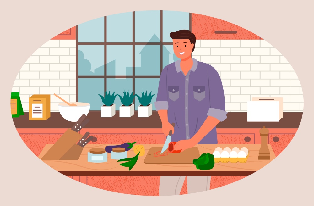 Male character cooking in kitchen, smiling man preparing food. Personage cutting vegetable on wooden board using sharp knife. Room interior with kitchenware and floral decoration, vector in flat. Man Cutting Veggies in Kitchen, Bachelor at Home