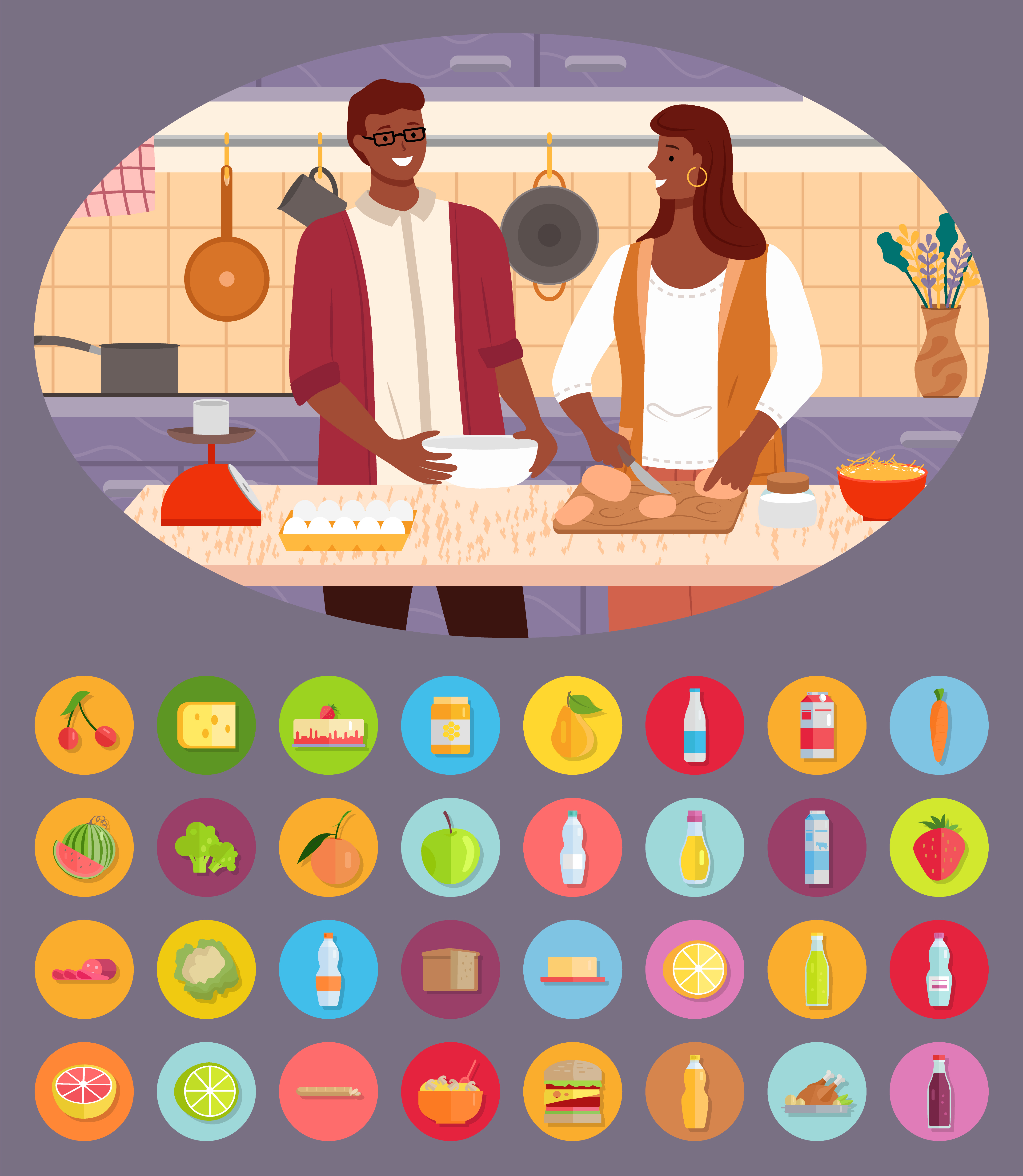 Man and woman stand together by table in kitchen. Kitchenware like weighing scale and products on desk. Icons of ingredients for meal, vegetables and fruits, liquids and food. Vector illustration. Man and Woman Cooking Together, Icons of Products