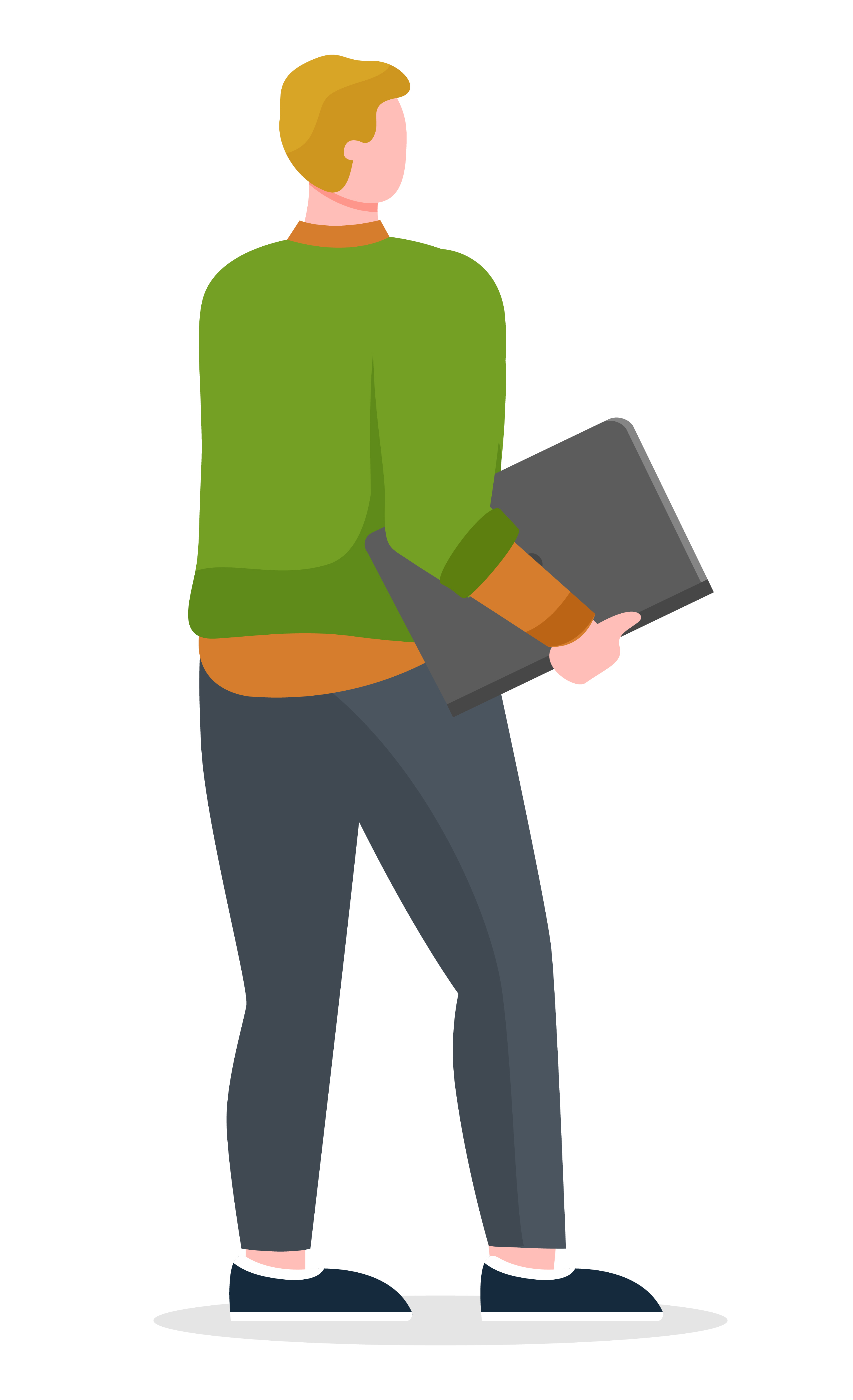 Guy standing with his back on picture. Person hold laptop or tablet in hands. Man dressed in green sweater and grey pants. Adult isolated on white background. Vector illustration of posing in flat. Man Posing Alone, Person Hold Laptop in Hands