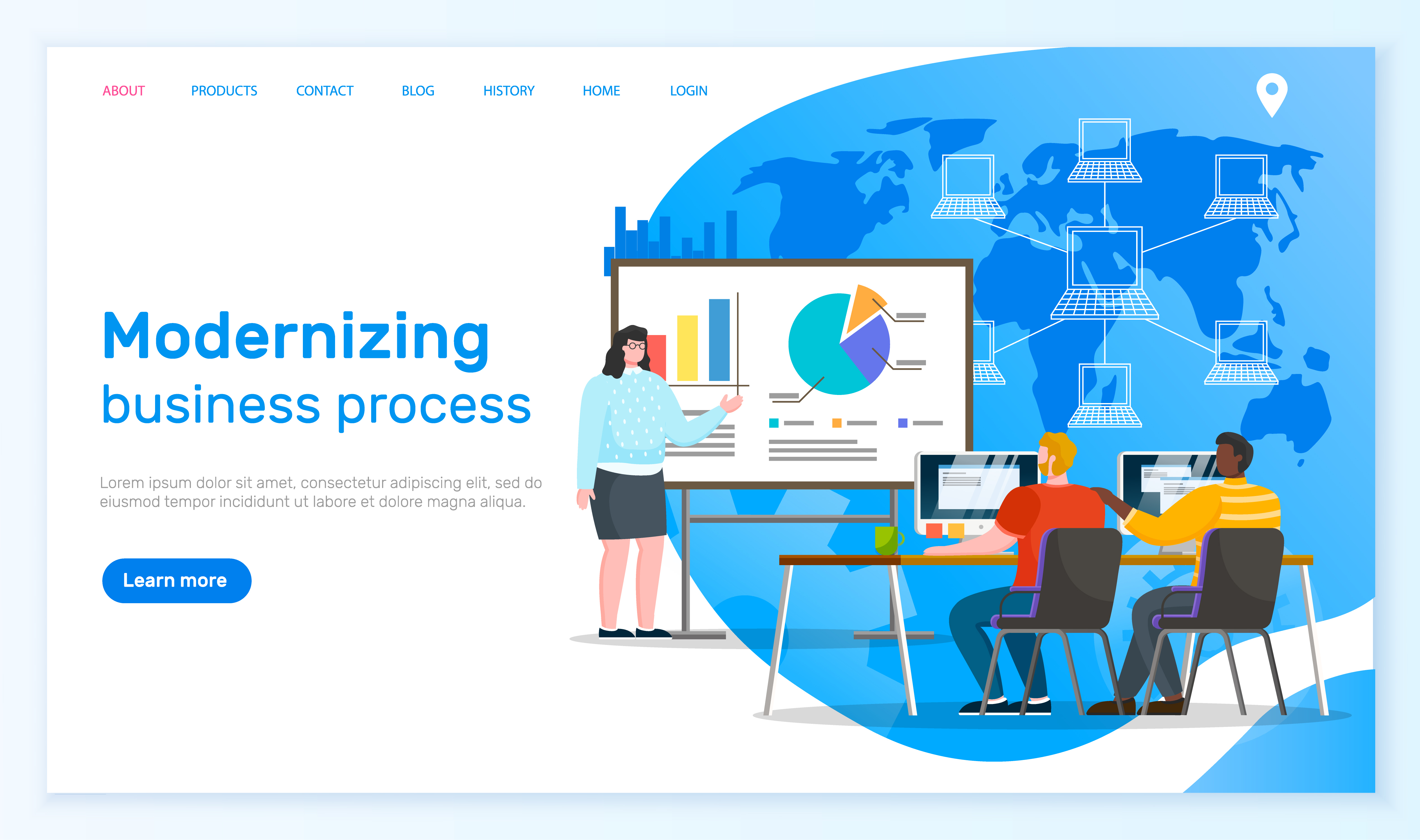 Modernizing business process, woman giving presentation of improvement of company. People listening to boss report. Whiteboard with charts and stats. Website or webpage template, vector in flat style. Modernizing Business Process Presentation Web