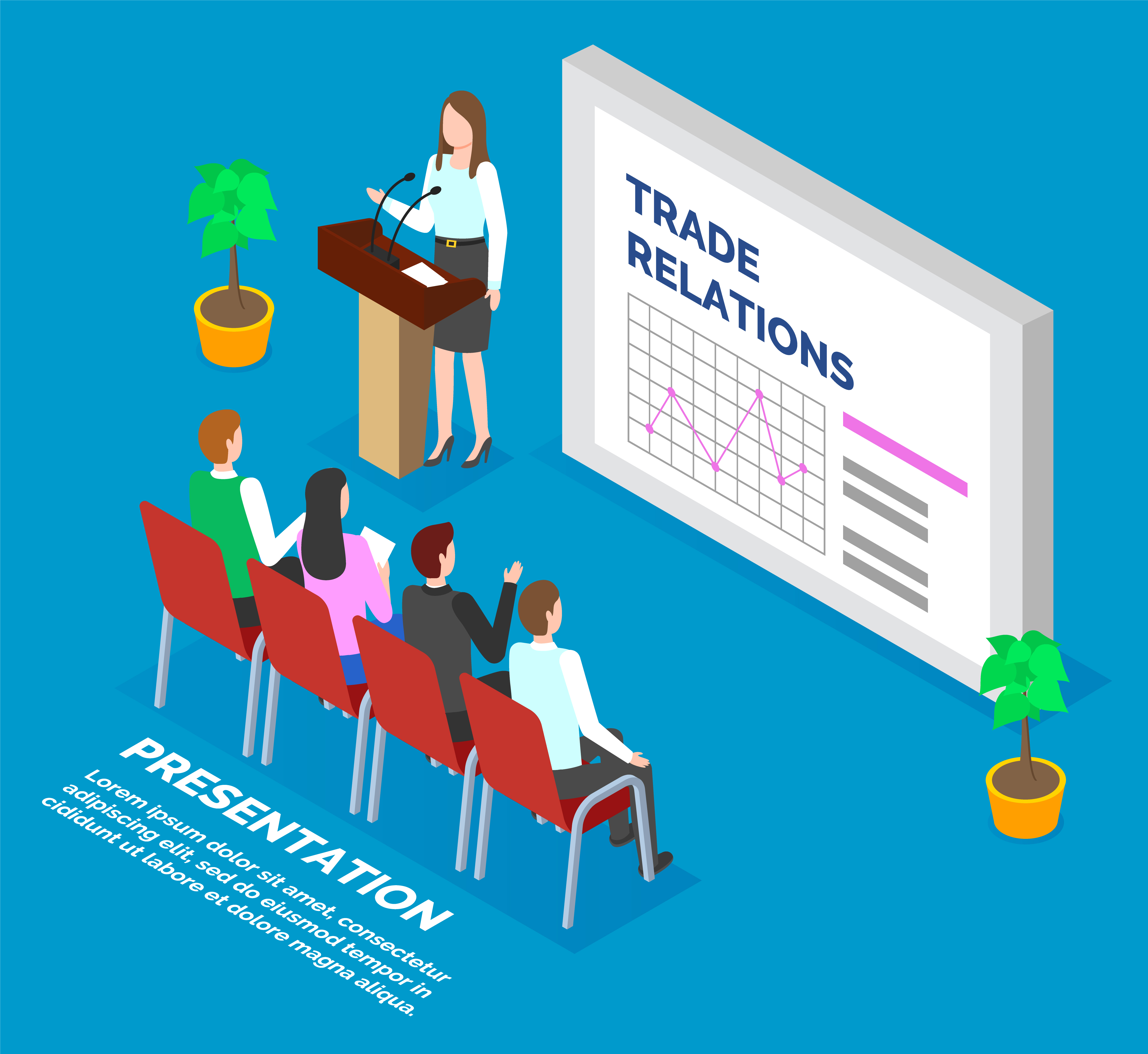 Woman standing near board with data diagrams and explain it to people. Lady stand by microphone and report to audience about trade relations. Men and women learn about commerce. Vector, isometric. Woman Report to Audience About Trade Relations