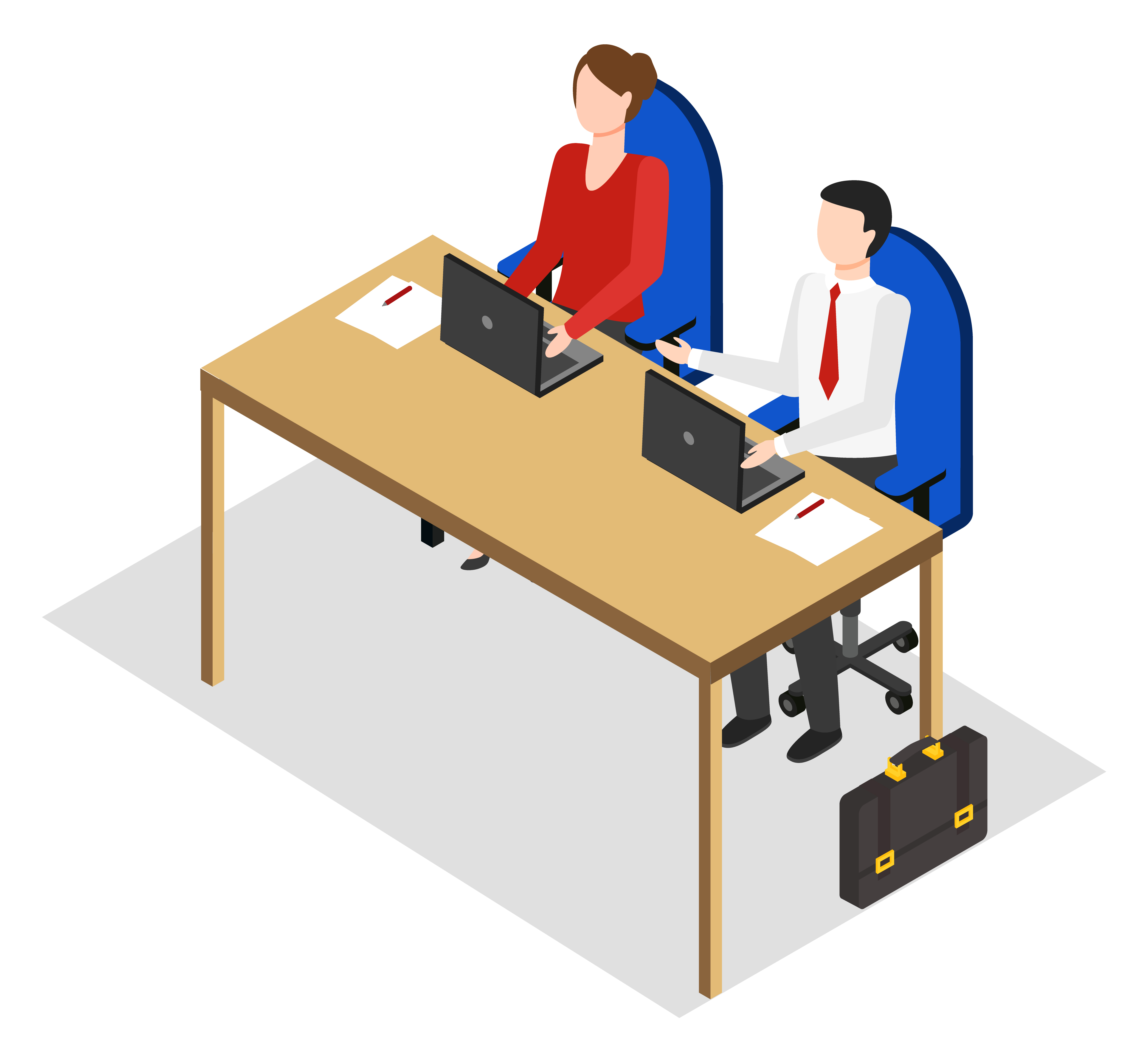 Managers or employees working in office sharing table. People at work dealing with data analysis or info input. Isolated male and female characters with laptops. Vector in isometric 3D style. Male and Woman Working by One Table in Office