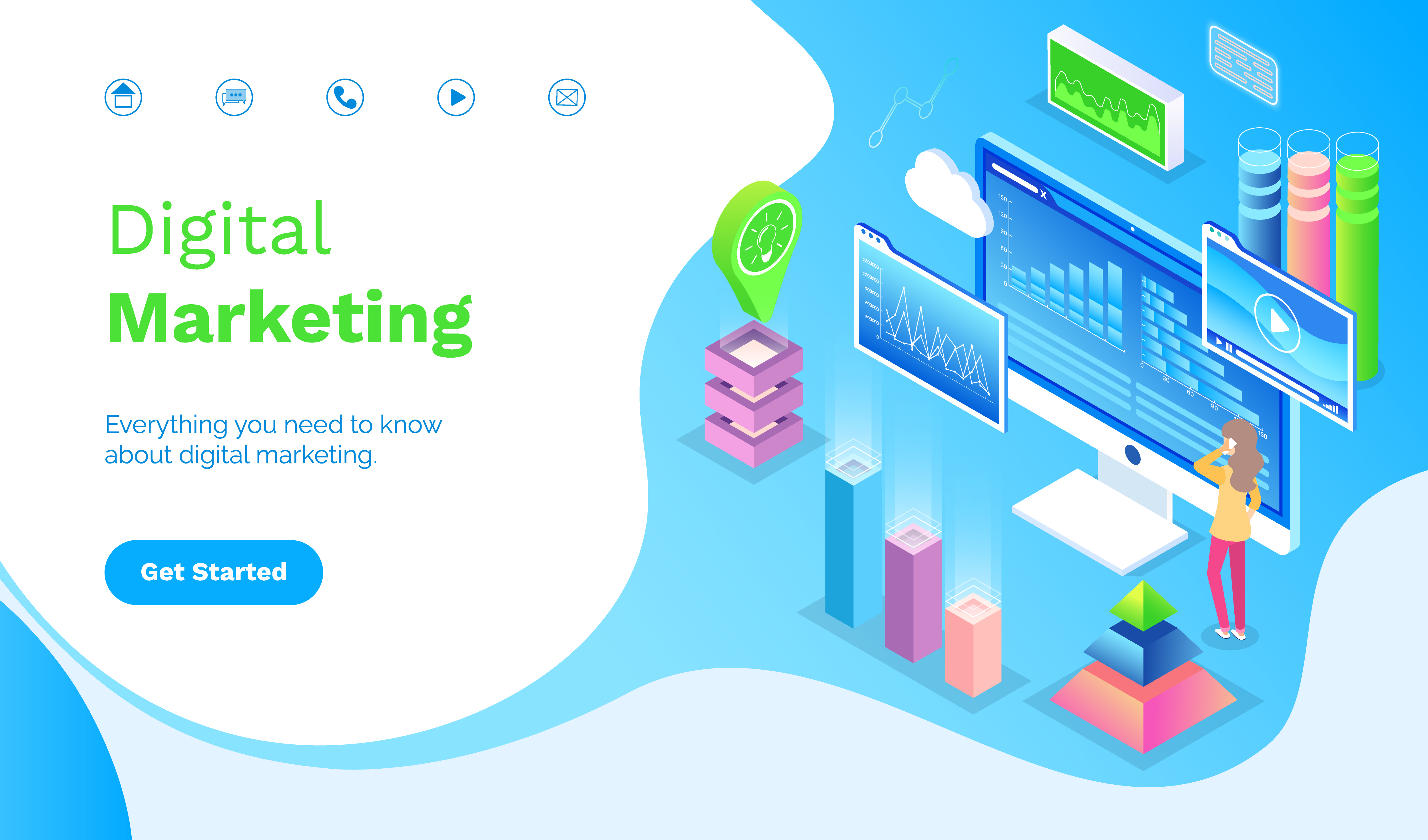 Everything you need to know about digital marketing. Worker communicating with wireless device. Monitor of computer with graph report. Website or webpage template, landing page flat style vector. Digital Marketing Information Landing Page Vector
