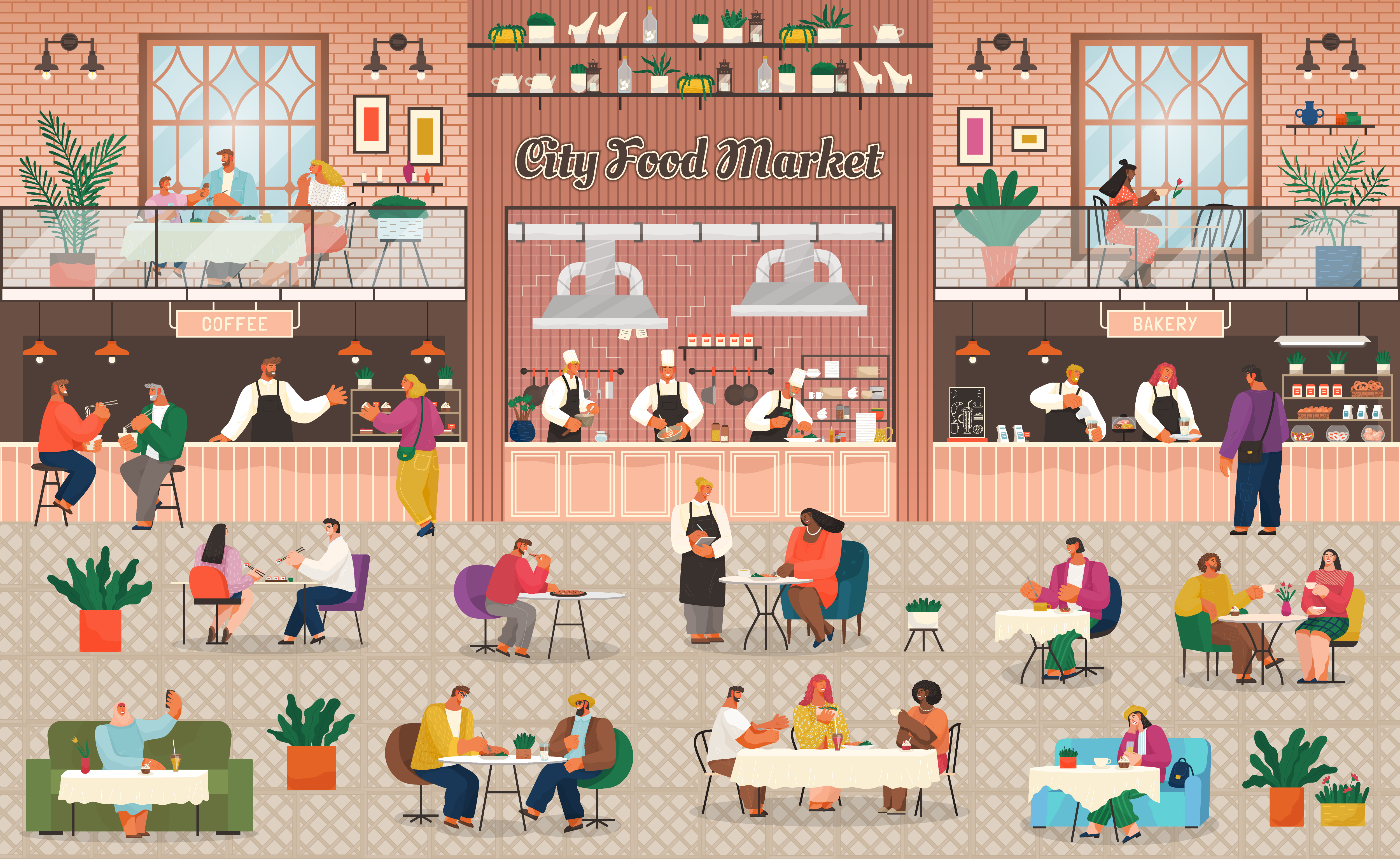 People eat in food court in shopping mall, city food market, eating out vector. Buying snacks or fastfood, coffee and bakery, drinks kiosk. Characters at tables, supermarket interior illustration. Food Court in Shopping Mall, Eating Out, Market