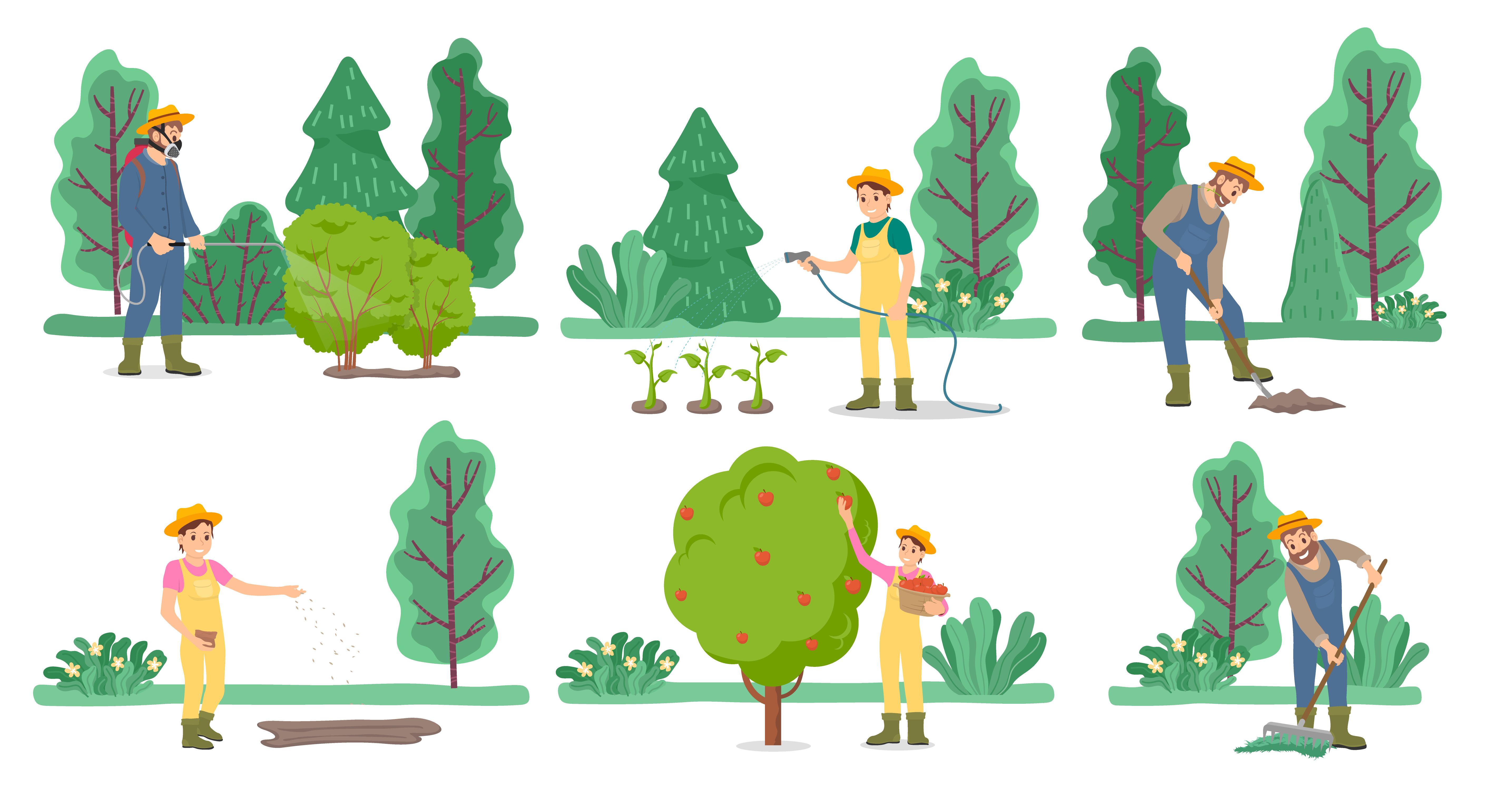 Harvesting people characters farming in garden set isolated on white. Man and woman farmers picking apple, watering plant, raking and digging soil. Male and female gardening plant outdoor vector. Man and Woman Farming Plants in Garden Vector