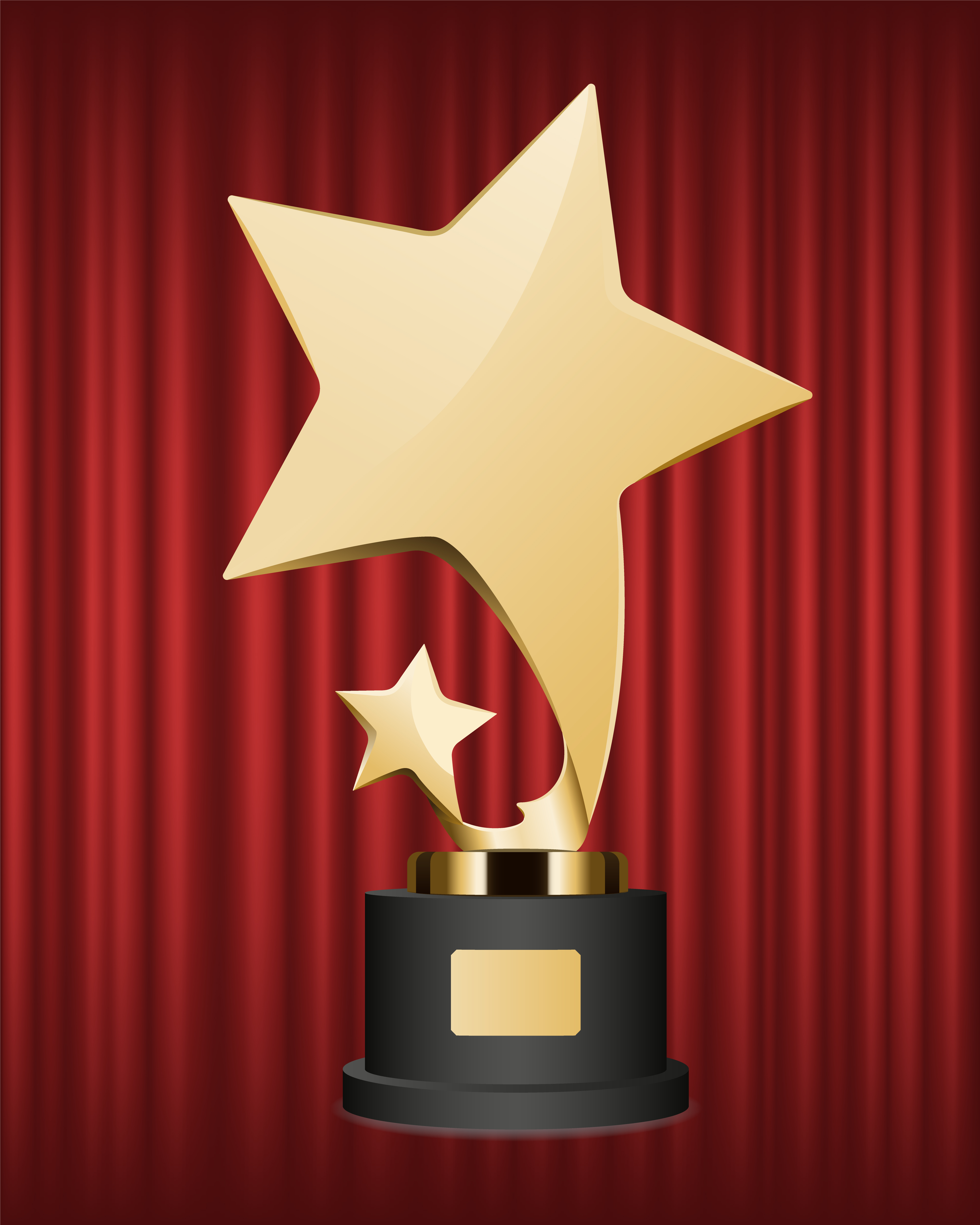 Trophy for actor or actress vector, isolated prize on red curtain background. Award on pedestal in form of stars, recognition of winner best reward. Award of Gold Made in Form of Stars on Pedestal