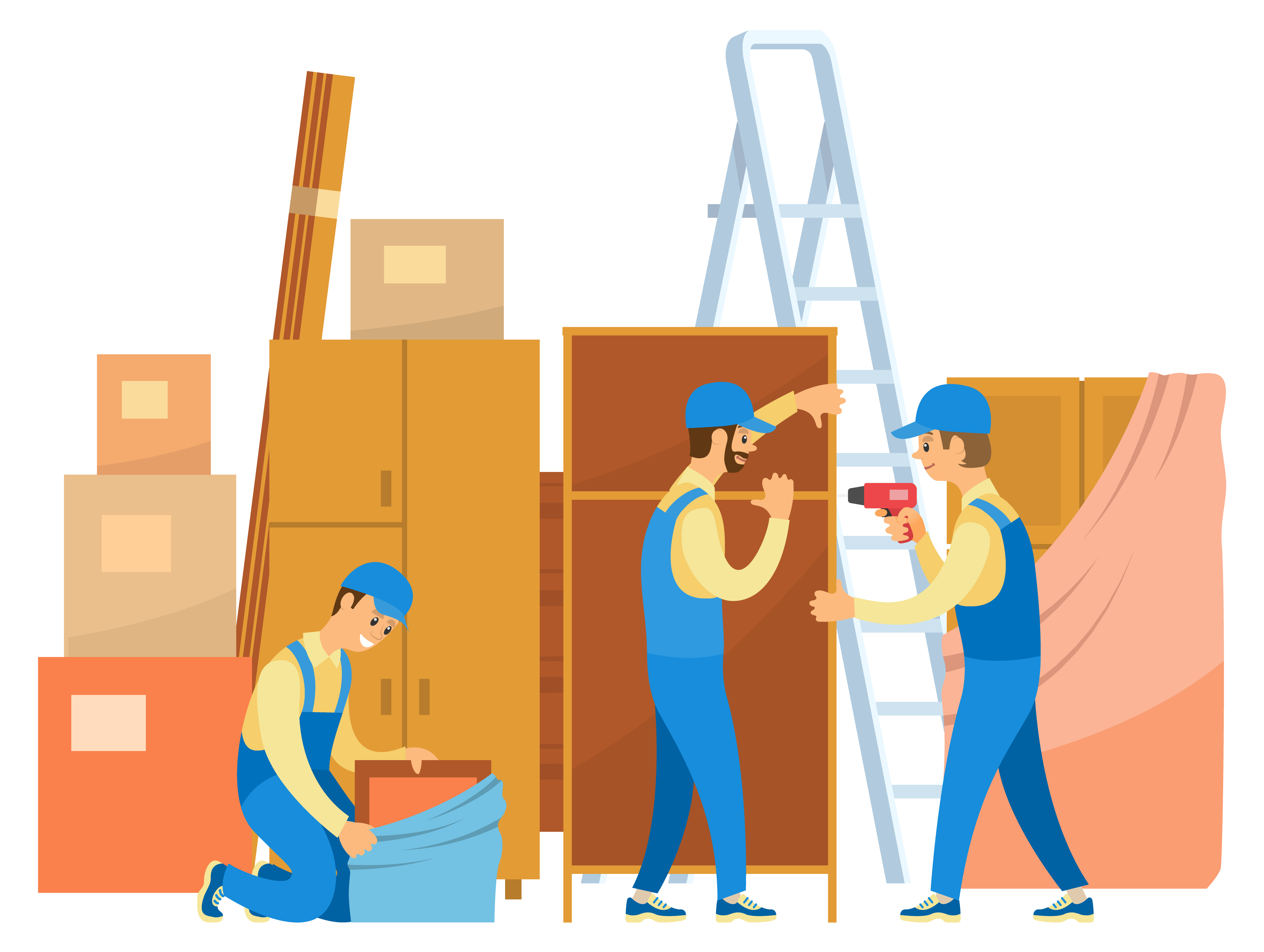 Men in uniform unpacking things. People move to new house or flat. Loaders help in moving. Stepladder and wardrobes, carton boxes vector illustration. Loaders Unpacking Goods and Furniture in House