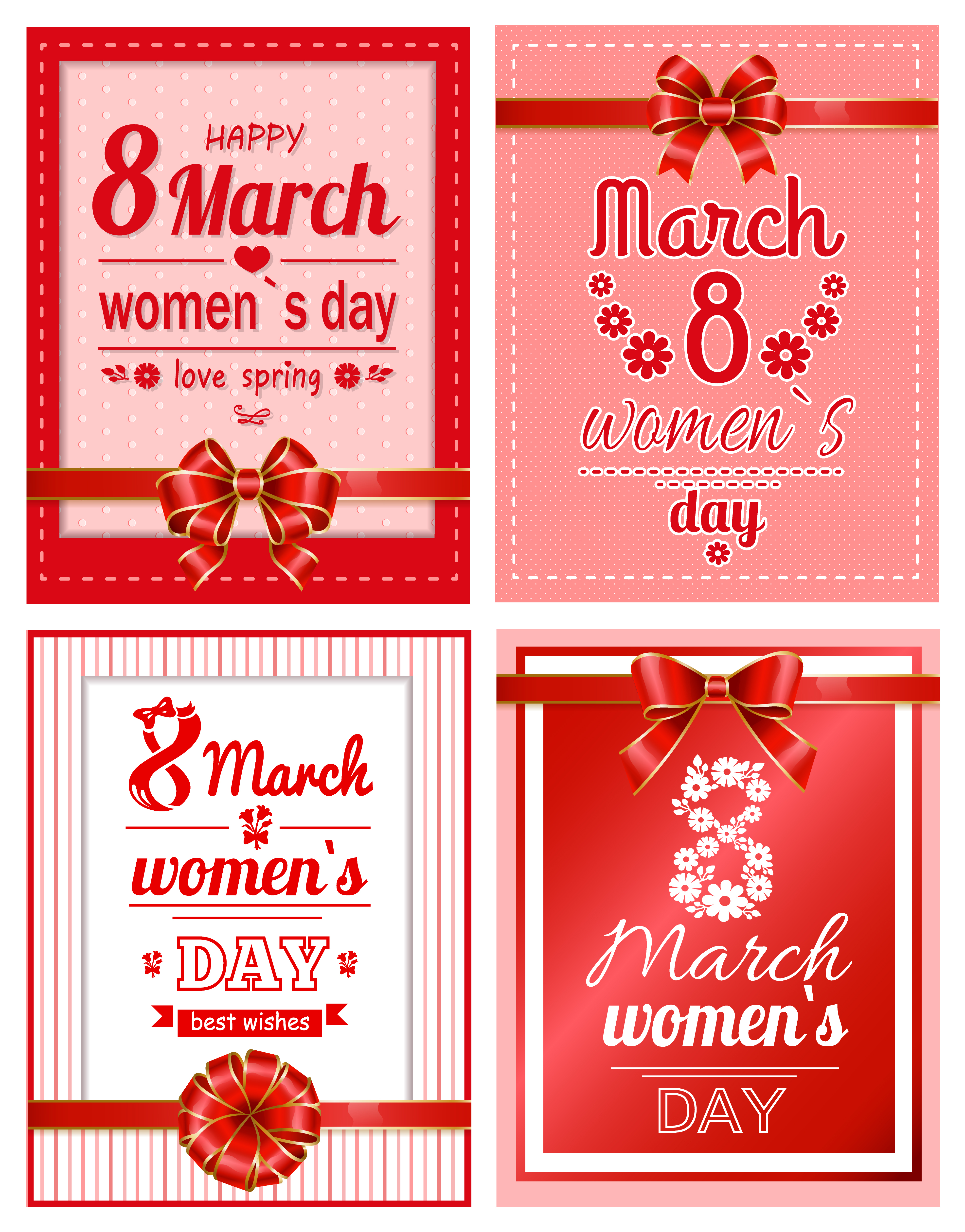 Gift cards with red ribbon 8 March Happy Womens day. Postcard of international females festive decorated by flower symbol, bow. Poster of spring holiday with best wishes, love spring vector set. Womens Day Best Wishes and Love Spring Card Vector