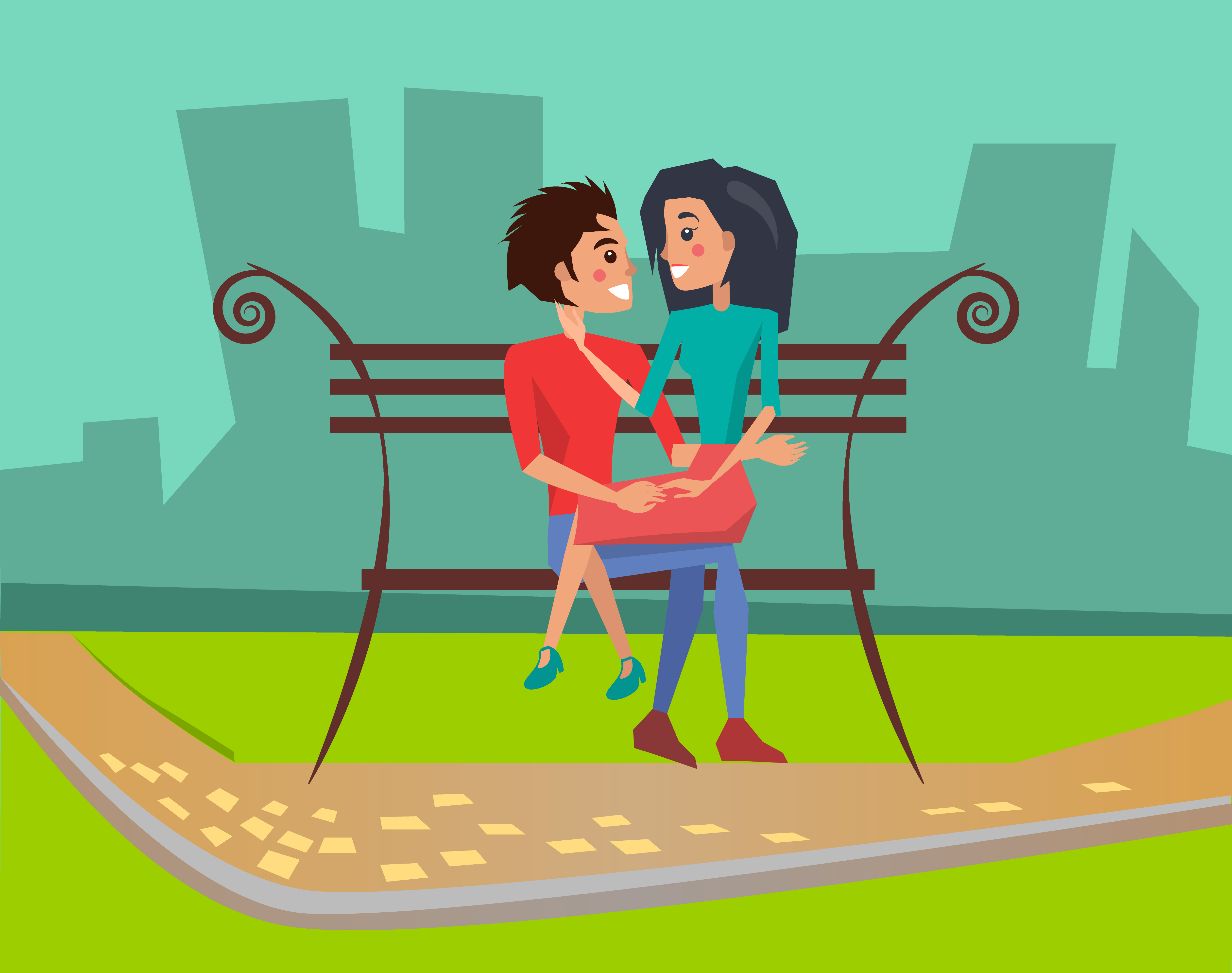 People on date vector, boyfriend and girlfriend cuddling and hugging. Man and woman sitting on bench, date of pair. Couple in love in city cityscape. Romantic Couple, Boyfriend and Girlfriend in Love