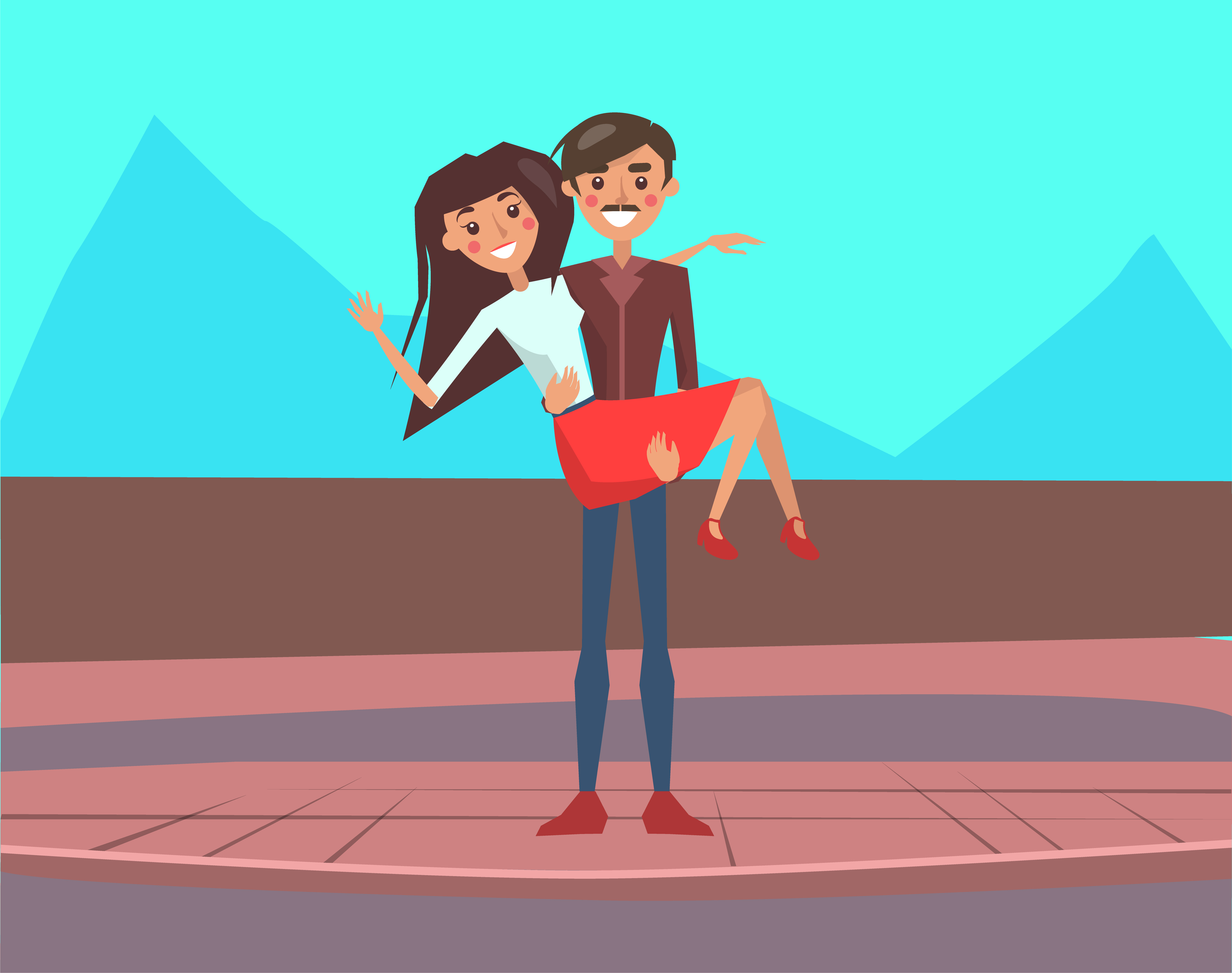 Couple of people in love. Man holding woman in his arms. Boyfriend carrying girlfriend in hands. Cheerful cartoon characters. Valentines Day vector. Man Holding Woman in his Hands, Couple in Love