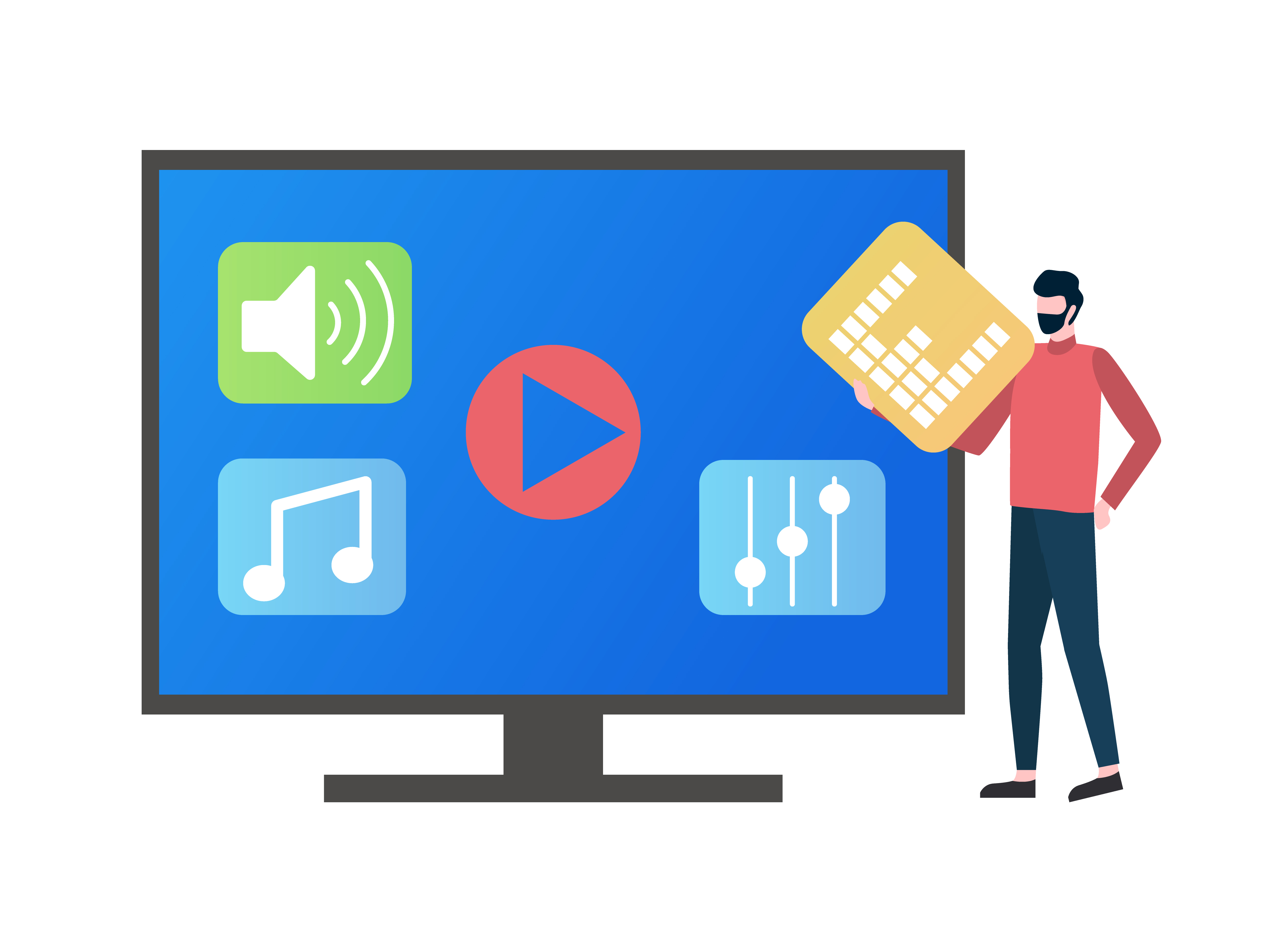 User holding infochart icon vector, television tv set screen HD monitor for people to watch films, music sign and buttons. Note and sound, settings. TV screen with Icons for Music Playing and User