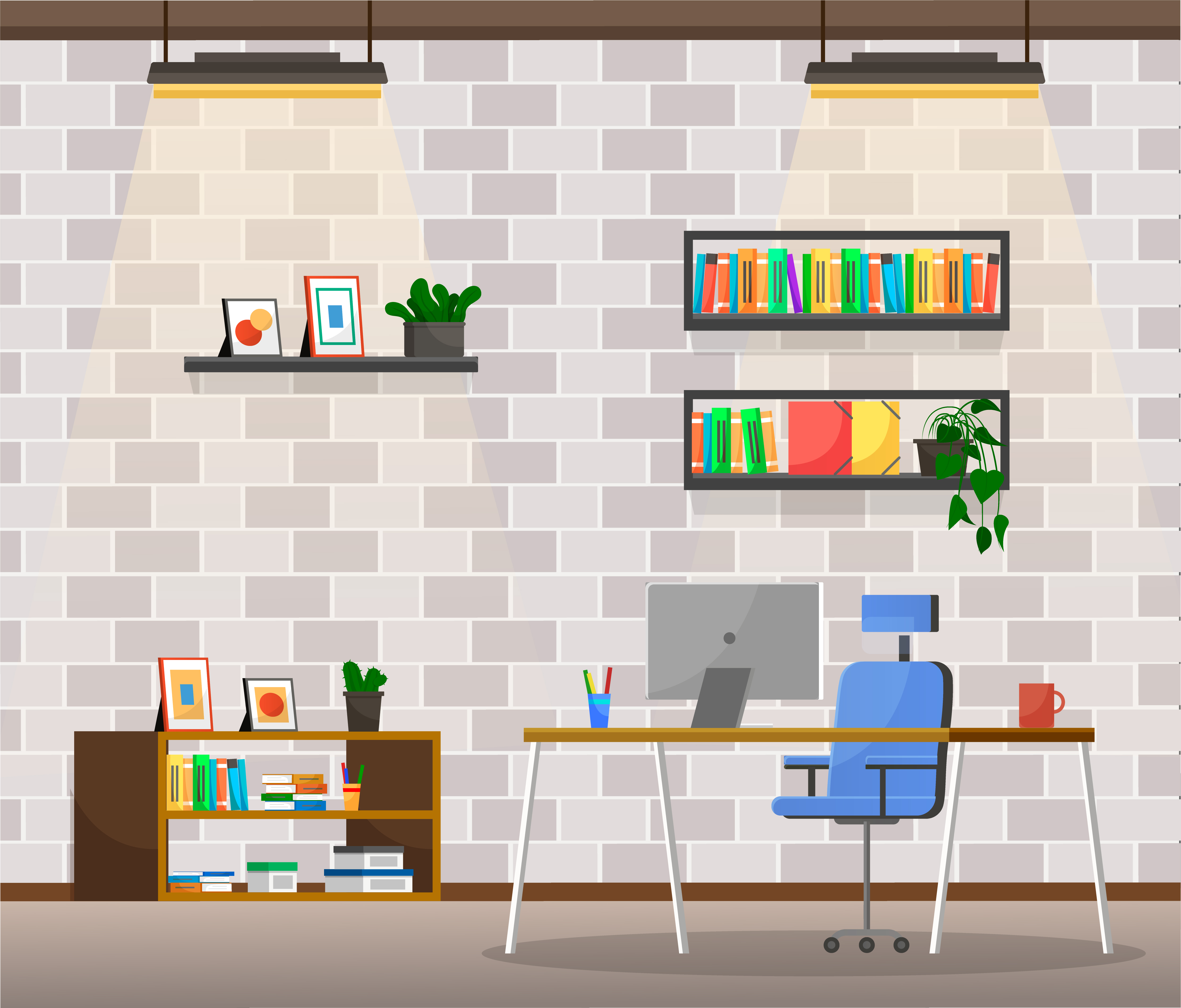 Office of boss or director. Working space of ceo executive of company. Table with personal computer and cup of coffee. Shelves with books and documents or files. Interior vector in flat style. Office Interior, Room of Director with Furniture