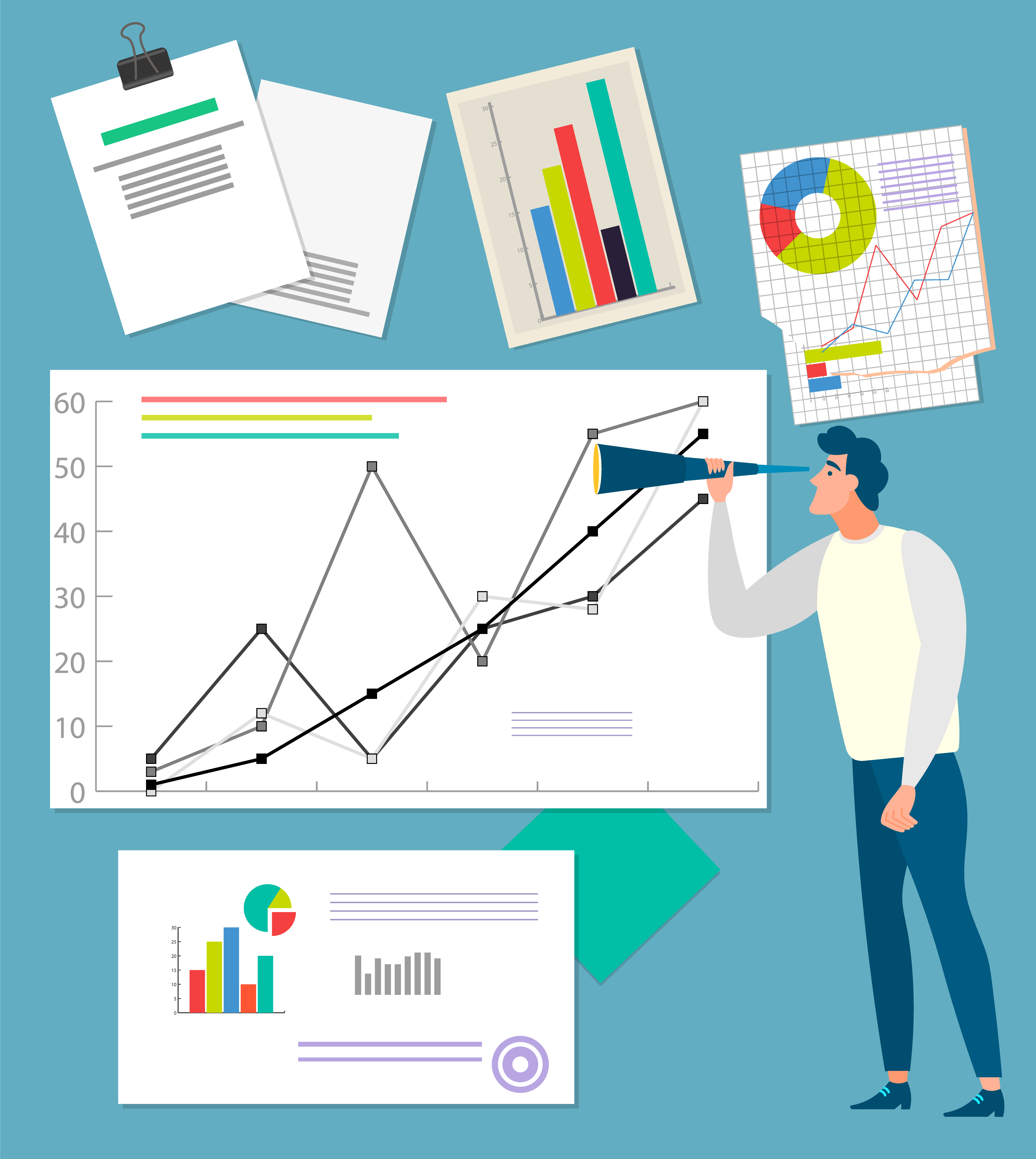 Businessman using instrument for data analysis vector, man looking in special tube, examining papers and documents. Pie diagram with segments flat style. Man Looking at Diagrams and Charts Data Analysis