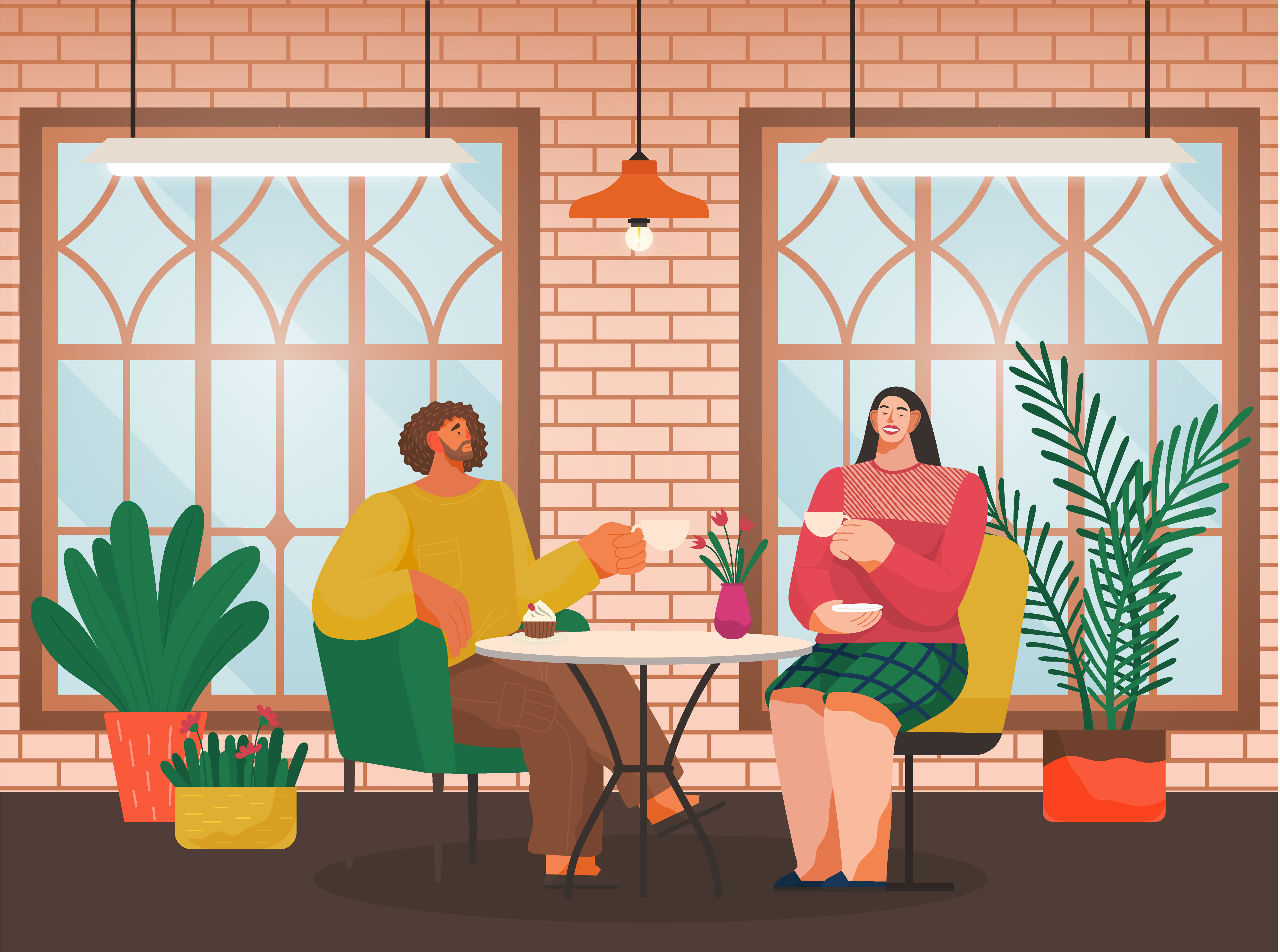 Cafe shop and people relaxing, eating out, modern place interior, drink and snack vector. Man and woman chat, have rest or enjoy free time. Restaurant in loft style, couple drinks coffee illustration. Eating Out, Couple in Cafe Drinks Coffee at Table