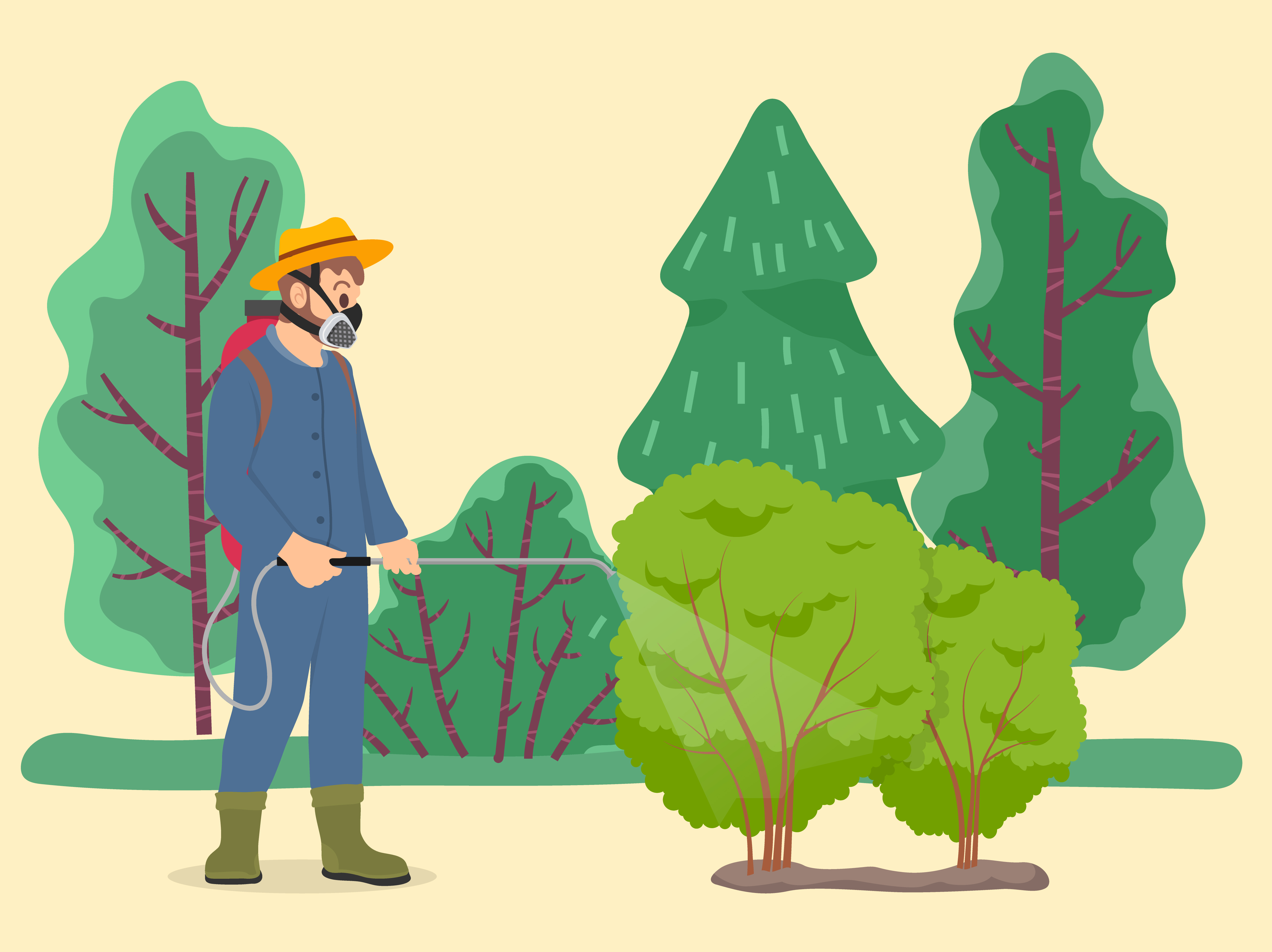 Farmer sprays poison plants using pulverizer on field. Green shrubs growth on garden, man caring about bush. Gardener work on lawn, spill toxicant on greenery. Vector illustration of farming in flat. Farmer Spraying Poison Shrubs Using Pulverizer