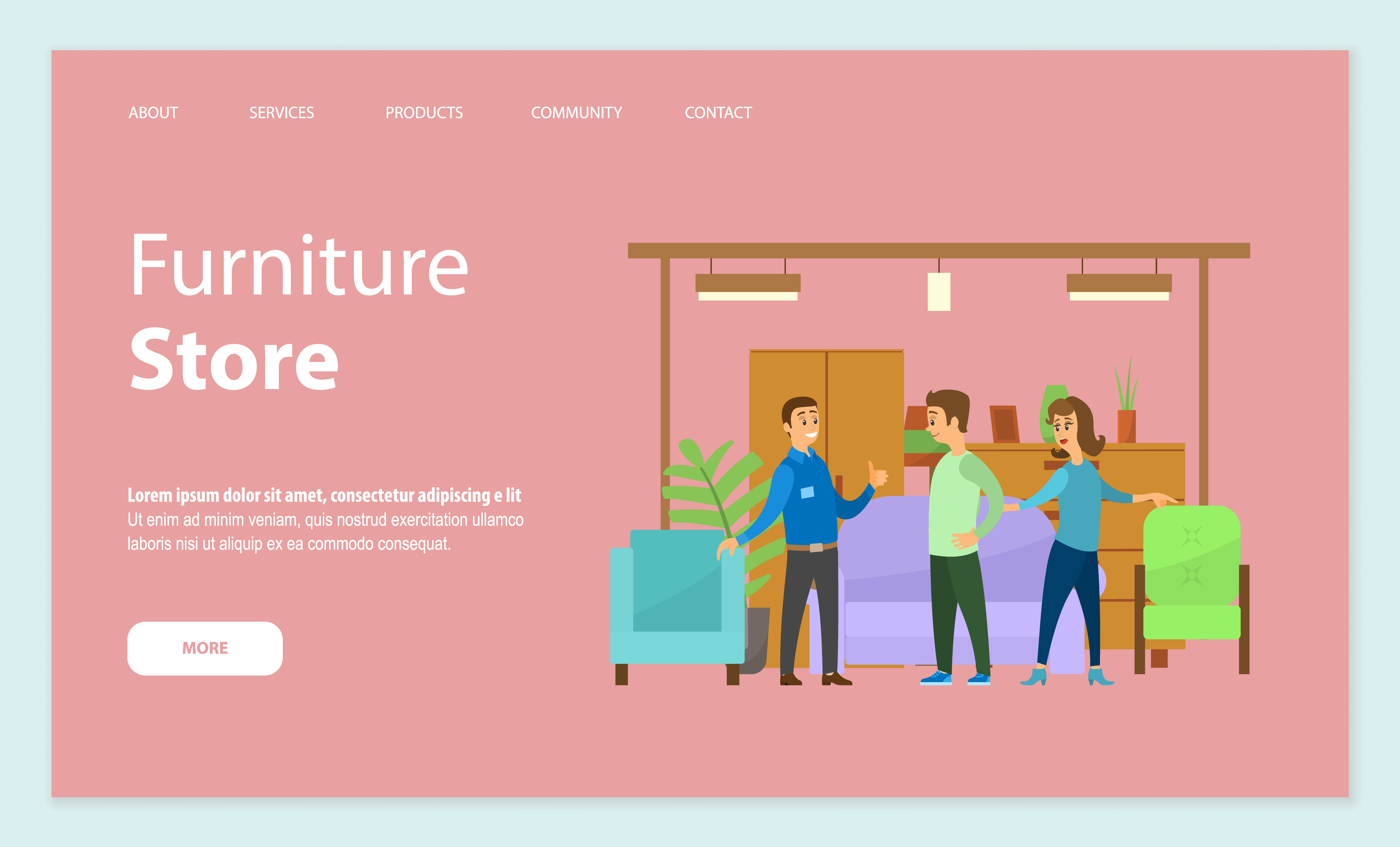 Furniture store vector, consultant seller, explaining clients benefits of items. Sofa and armchairs, houseplant decoration and drawers info. Website or webpage template, landing page flat style. Furniture Store Seller and Clients in Shop Vector